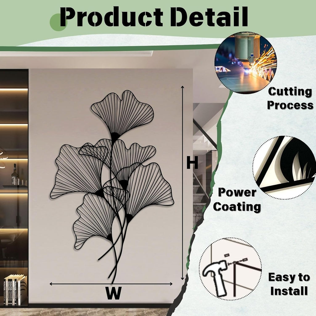 Ginkgo Leaf Metal Wall Art, Gingko Metal Wall Decor, Leaf Wall Art for Living Room, Bedroom, Office(White,30"Hx19"W/76x49cm)
