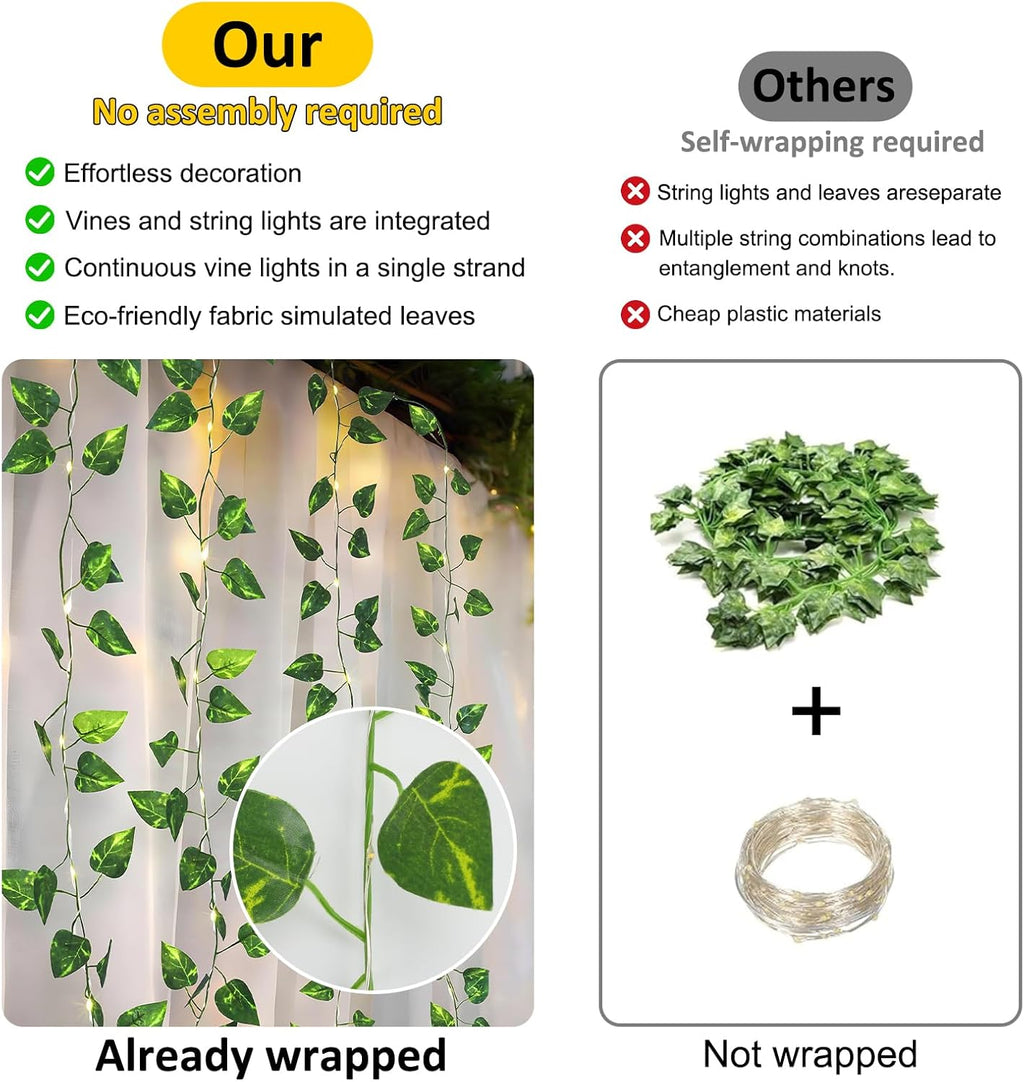 33Ft Vine with Fairy Lights Battery Operated, 100 LED Pothos Leaf Vine Lights with Remote, Leaf Lights for Bedroom Room Wall Garden Party Wedding Decor (Warm White)