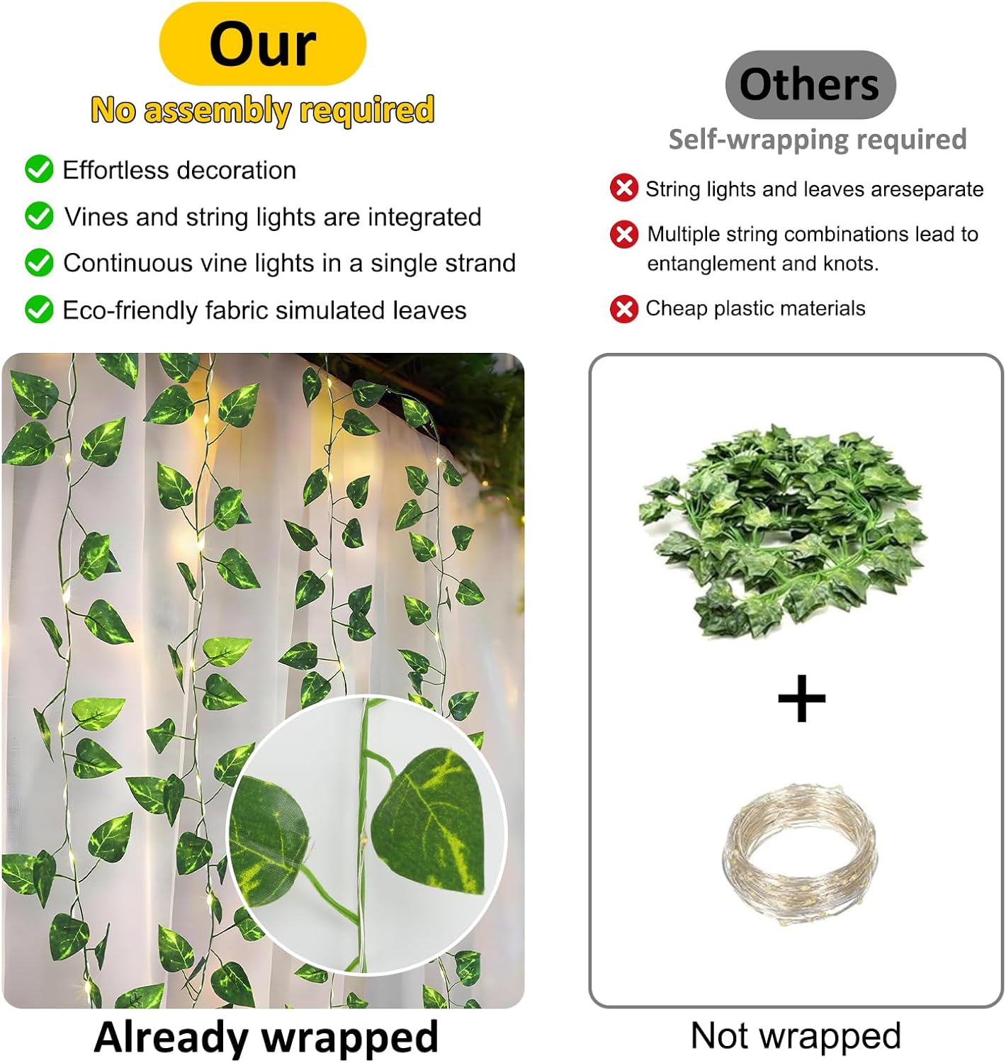 33Ft Vine with Fairy Lights Battery Operated, 100 LED Pothos Leaf Vine Lights with Remote, Leaf Lights for Bedroom Room Wall Garden Party Wedding Decor (Warm White)