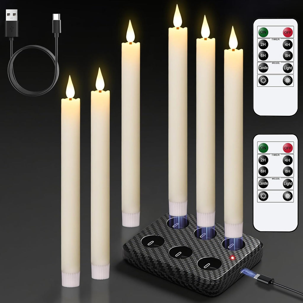 GenSwin Rechargeable Flameless Taper Candles with Charging Base, 6 Pack LED Candles Battery Operated with Remote Timer, Real Wax Flameless Candlesticks for Halloween Christmas Decorations(Ivory)