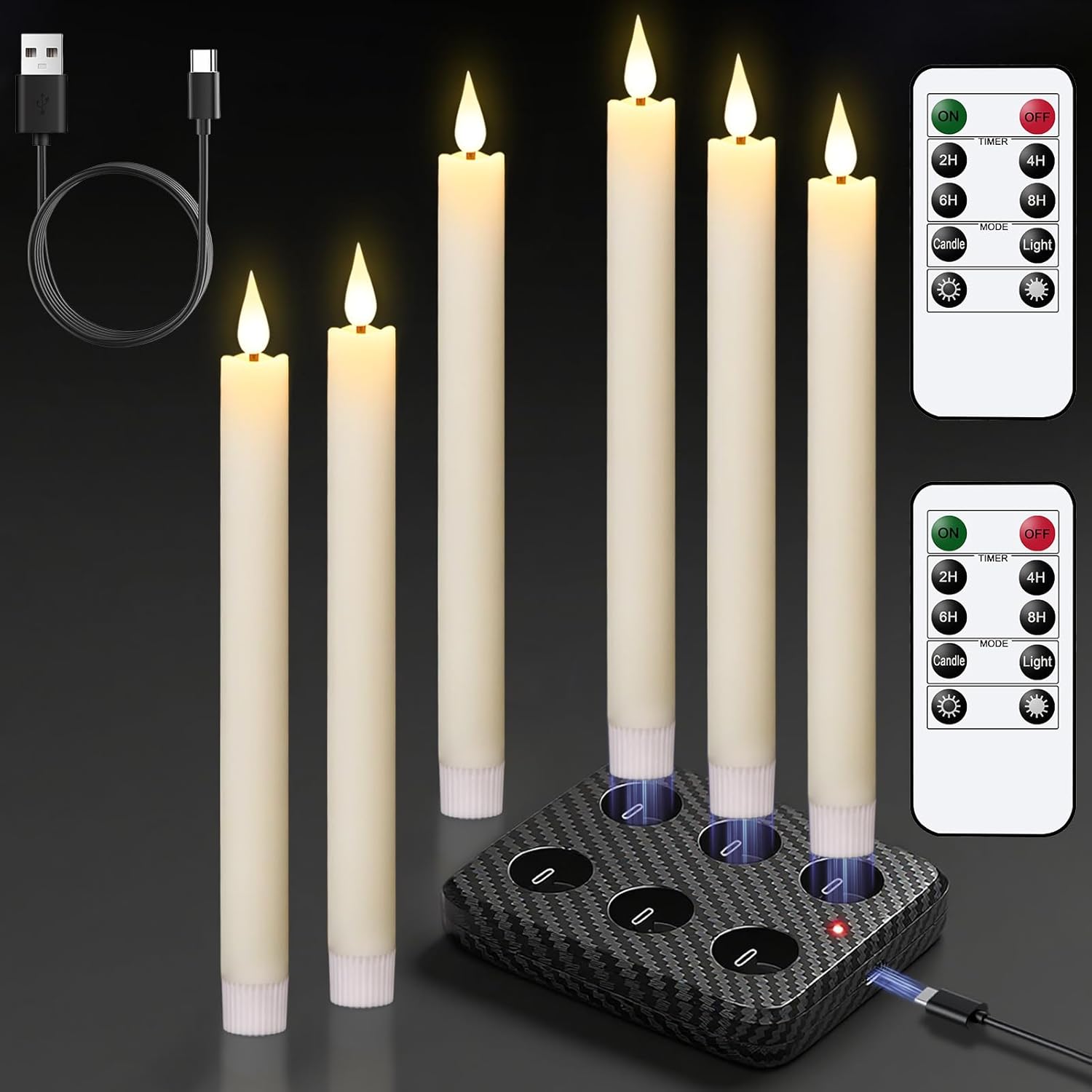 GenSwin Rechargeable Flameless Taper Candles with Charging Base, 6 Pack LED Candles Battery Operated with Remote Timer, Real Wax Flameless Candlesticks for Halloween Christmas Decorations(Ivory)