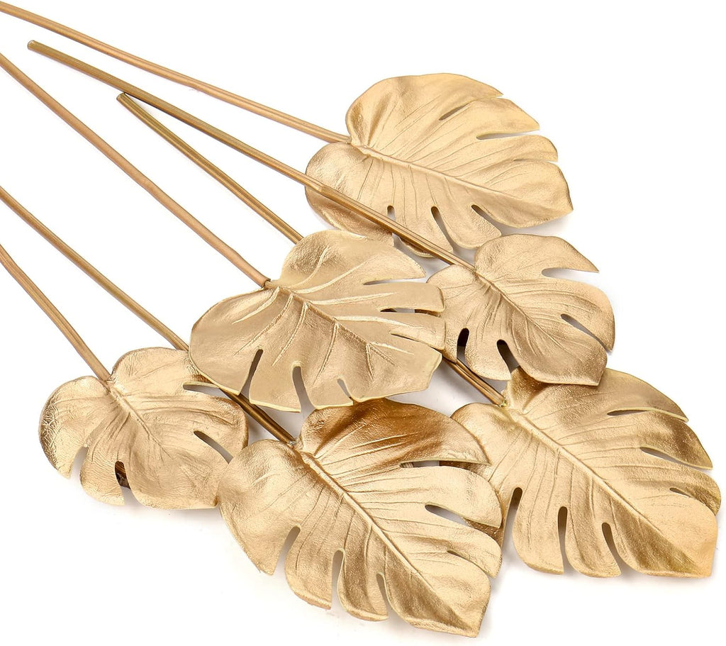 6 Pcs Pu Foam Artificial Monstera Leaf Faux Palm Tropical Leaves Fake Palm Fronds for DIY Wedding Bouquets Fake Leaves for Centerpieces Arrangements Palm Golden Leaf for Party Home Decorations