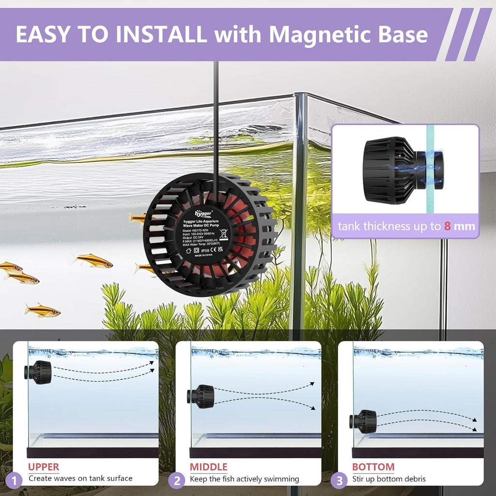 hygger Lite Wave Maker For 50-120 Gallons Aquarium Adjustable Circulation Pump with Magnetic Base Fish Tank DC Powerhead for Coral Reef and Freshwater Up to 2114 GPH