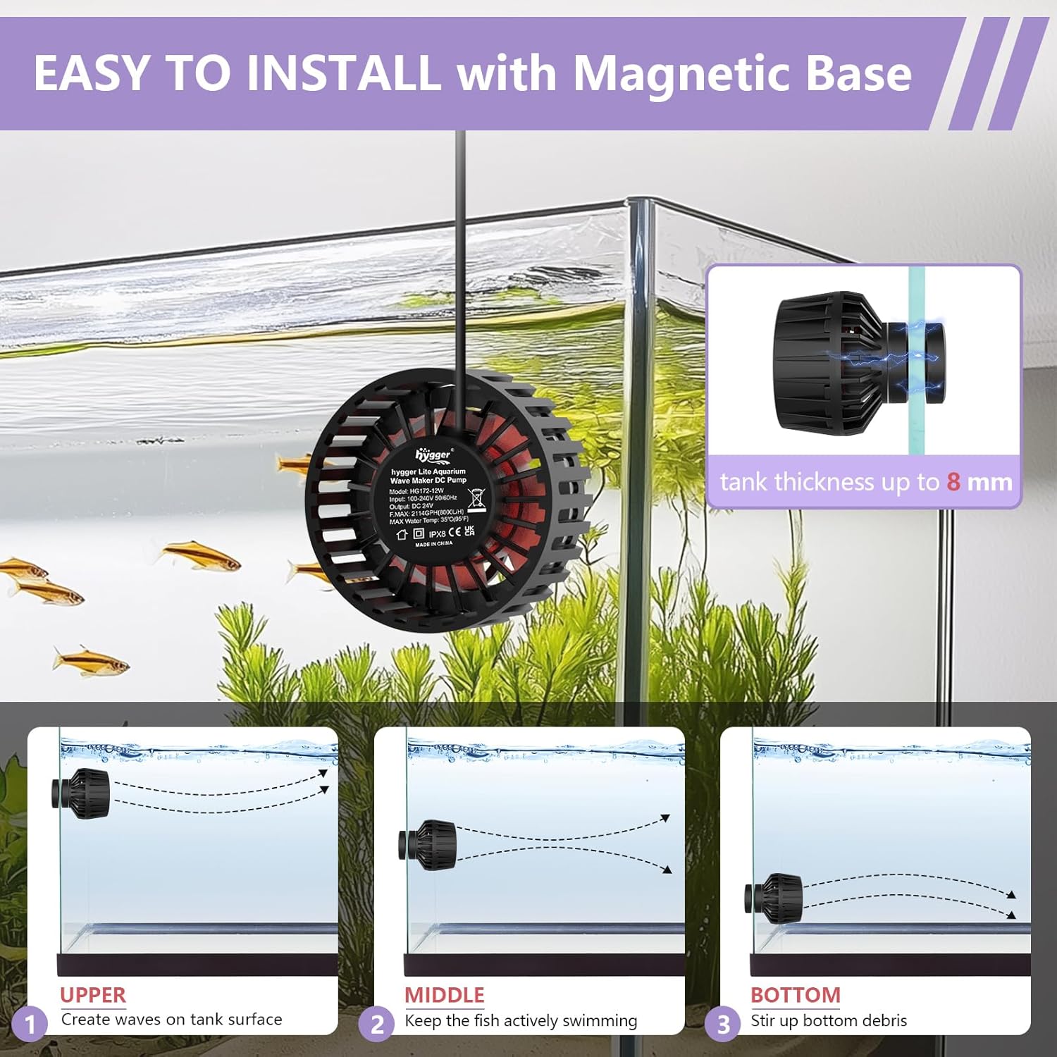 hygger Lite Wave Maker For 50-120 Gallons Aquarium Adjustable Circulation Pump with Magnetic Base Fish Tank DC Powerhead for Coral Reef and Freshwater Up to 2114 GPH