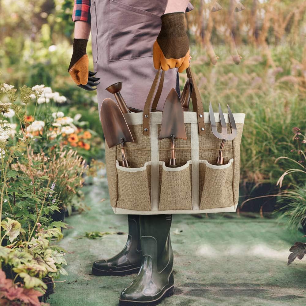 1 Gallon Galvanized Steel Watering Can with 3 Pcs of Garden Tools, 1 Pc of Pruning Shear, 1 Pair of Gardening Gloves，1 Pc of Garden Tools Organizer Tote