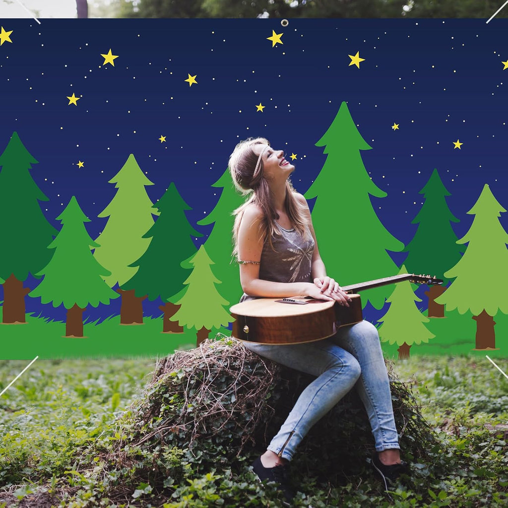 10 x 30 ft Enchanted Forest Camping Backdrop Forest Night Scene Camping Background Supplies Photography Background for Theme Party Photo Banner Decoration