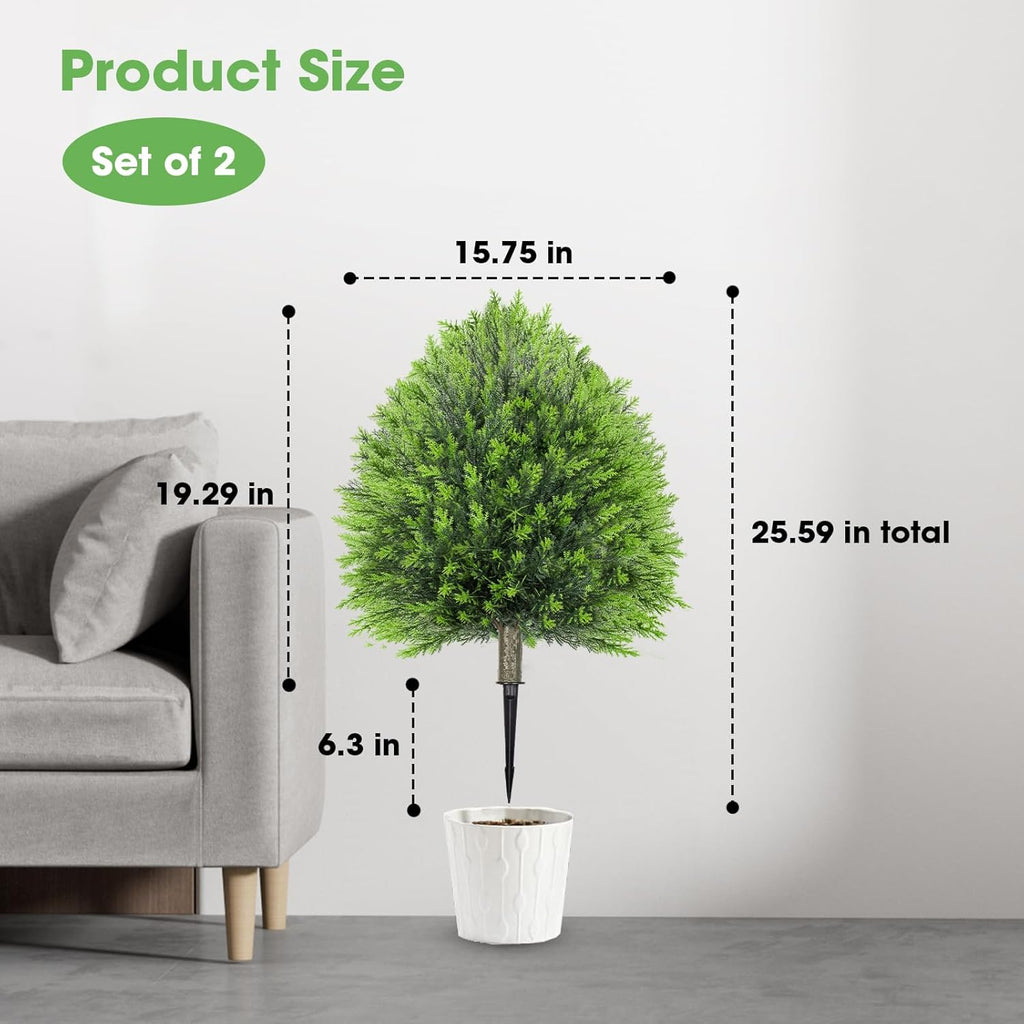 25.6" Artificial Cedar Topiary Ball Plants: Set of 2 Faux Cypress Bushes with Spike – UV Resistant & Fade Resistant Artificial Shrubs, Fake Evergreen Trees for Outdoor Indoor Front Porch Garden