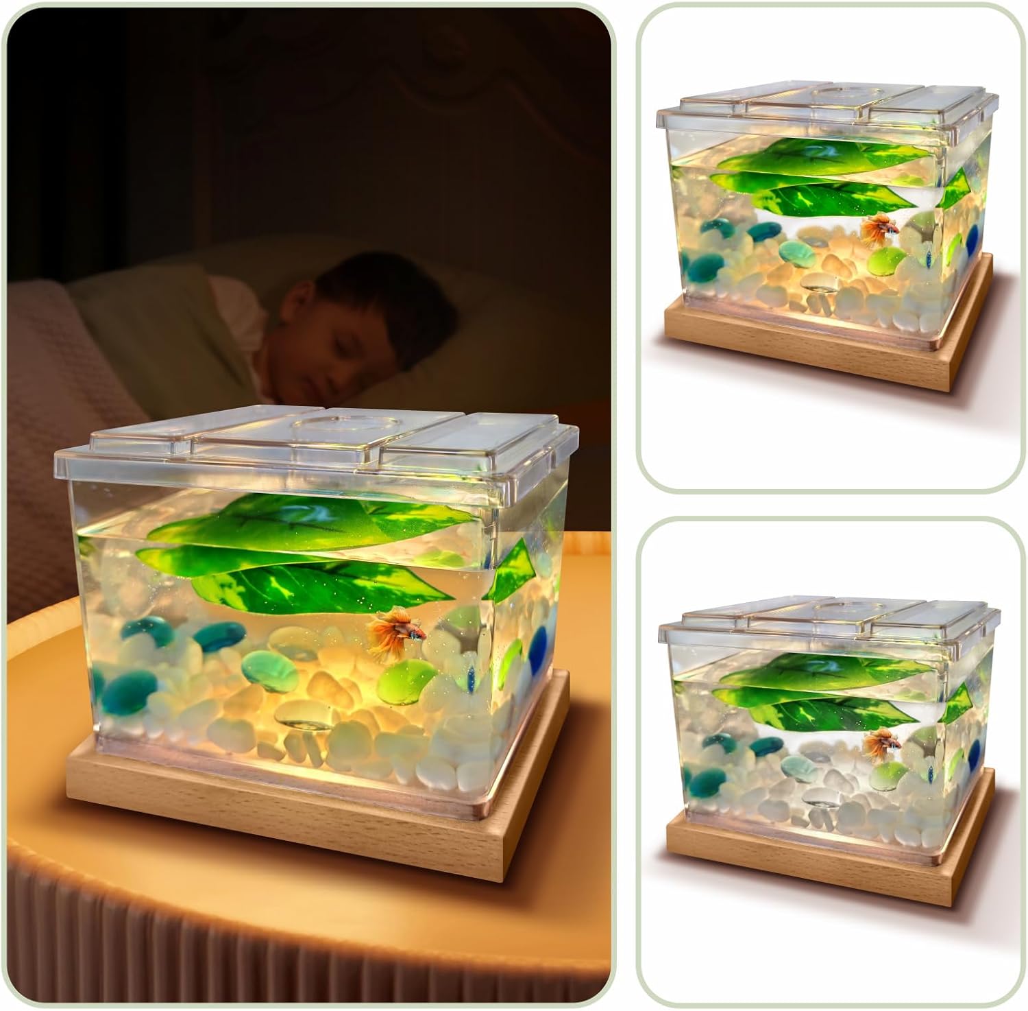 Mini Betta Fish Tank Kit with LED Light Base, Small Fish Bowl for Temporary Space, 0.2 Gallon Stackable Cube Tank with Betta Leaf for Small Fish, Insect, Shrimp, Crab, Spider (Kit-1)