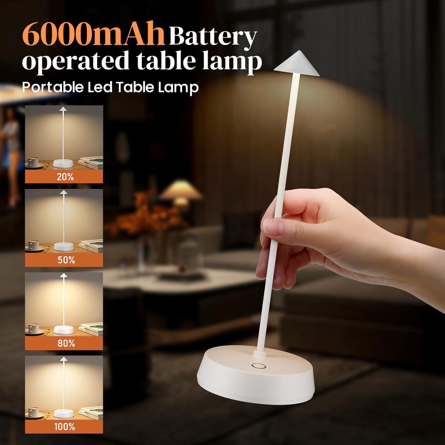 Cordless Table Lamp Rechargeable, Battery Operated 6000mAh Desk Lamp Touch Dimmable Lamp Outdoor Waterproof Portable Wireless Table Light, Small Table Lamp for Restaurant Bar/Outdoor(White-2PC)
