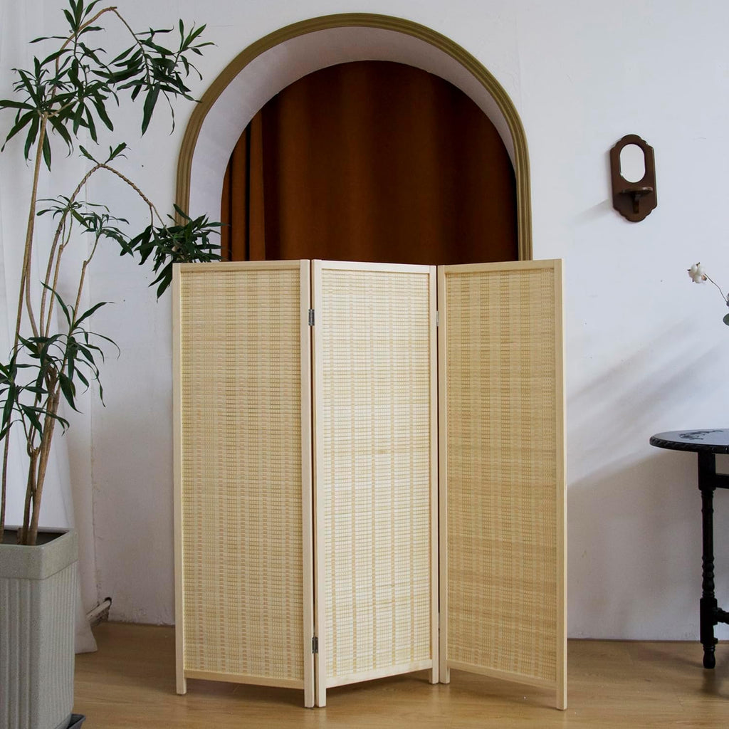 3 Panel Short Panel Divider Screen,3.95 FT Tall Bamboo Room Divider Folding Privacy Screen,Short Panel Divider Freestanding Room Divider for Room Seperation,Beige
