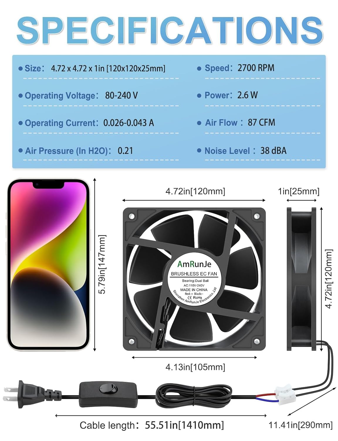 EC Cooling Fan 120mm x 25mm Small Brushless Axial Muffin Fan 110V 115V 120V 220V 240V Dual Ball Bearing for DIY Window PC RV Refrigerator Aquarium Exhaust Cooling