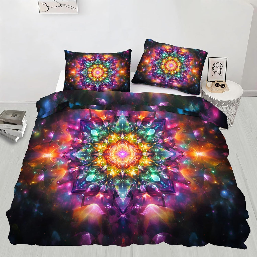 Colorful Mandala Duvet Cover Twin Boho Dazzling Starry Bedding Set 2 Piece for Kids Bedroom Trippy Art Comforter Cover and 1 Pillow Sham with Zipper Closure