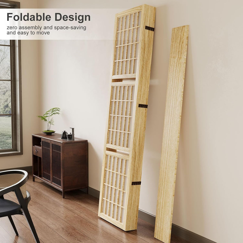 Room Divider with Shelves, 66.9-Inch Tall Japanese Shoji Style Wood Screen with Double Hinges for Home Office Bedroom Hotel Decoration (6 Panels, Natural)