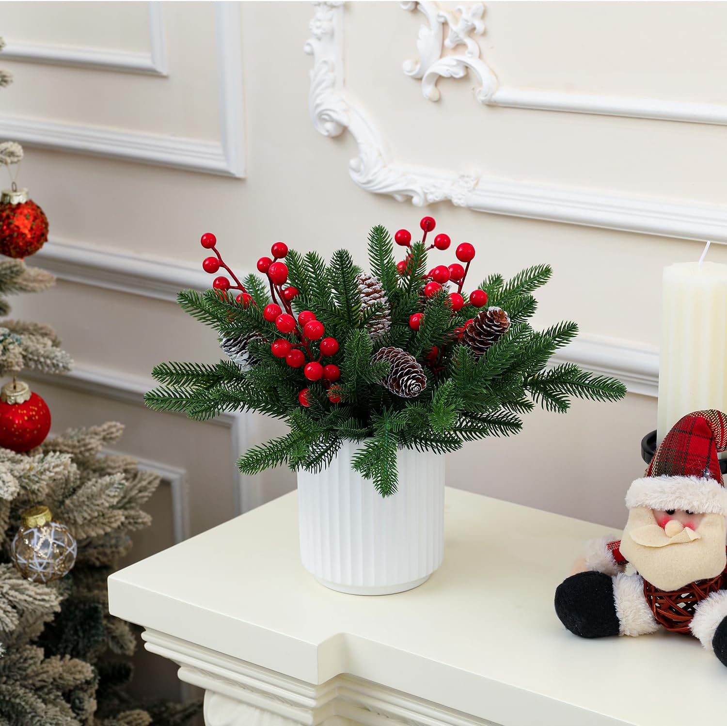 13 Inch Artificial Norfolk Pine Branches with Red Berry in a White Ceramic Pot,Christmas Greenery with Lights Pine Cones for Xmas Kitchen Living Room Tabletop Decor (40 Pcs)