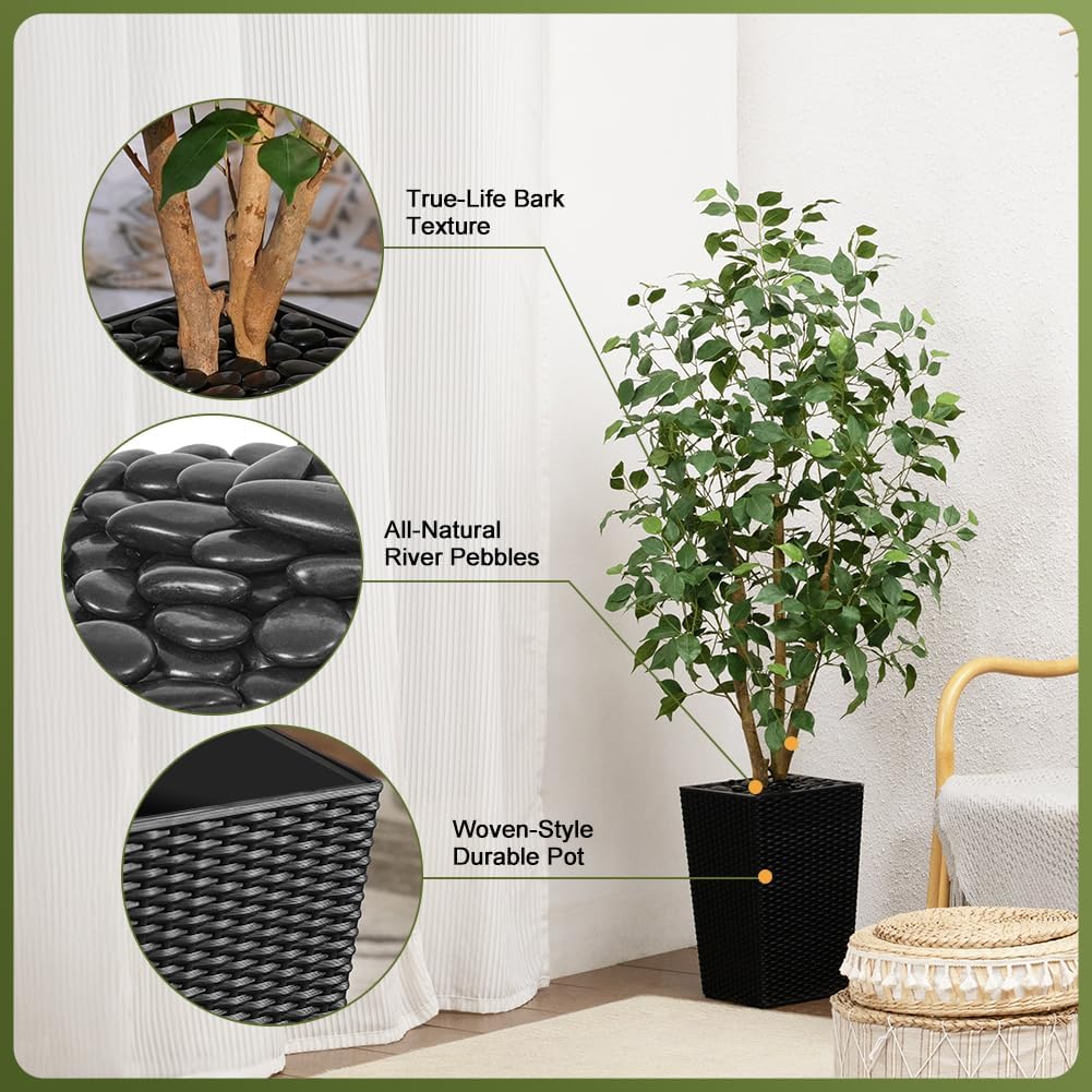 5ft Artificial Ficus Tree,Tall Faux Tree with Silk Leaves & Real Wood Trunk,UV Resistant Potted Fake Plant with Pebbles & Planter-Indoor Outdoor Floor Plant for Home,Living Room,VN129
