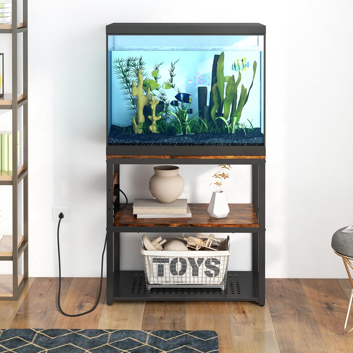 Livofloral 20-29 Gallon Fish Tank Stand With Power Outlets, 3-Tier Metal Aquarium Stands, Breeder Reptile Tank Stand with Shelf for Home Office, 660LBS Capacity, 29.5 x 15.8 x 30.1 inches, Brown