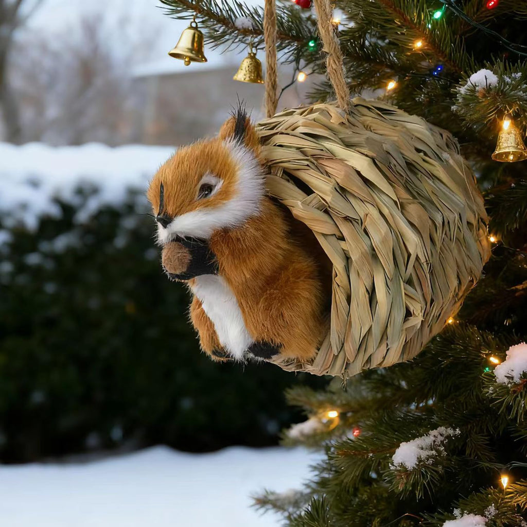 3D Forest Animals Ornaments for Christmas Tree Woodland Furry Animal Ornament Handmade Bird Nest with Plush Animal for Xmas Tree Faux Fur Animals Hanging Decoration (5" Nest & Brown Squirrel)