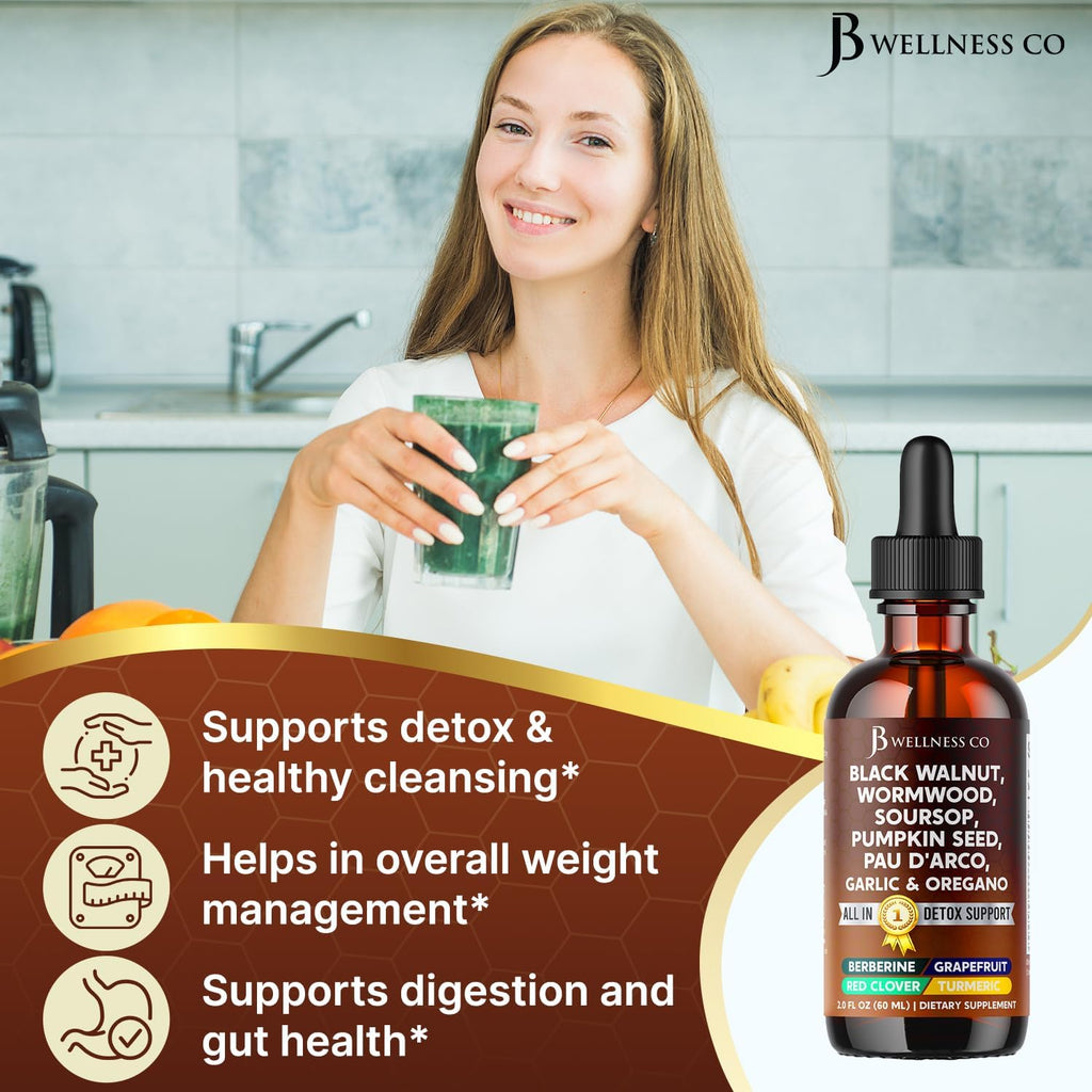 Wormwood Black Walnut Cleanse for Humans Drops Liquid Soursop Garlic Pumpkin Seed PAU D'Arco Oil of Oregano Turmeric Berberine Neem Extract Hull Bark Tincture - 2 oz
