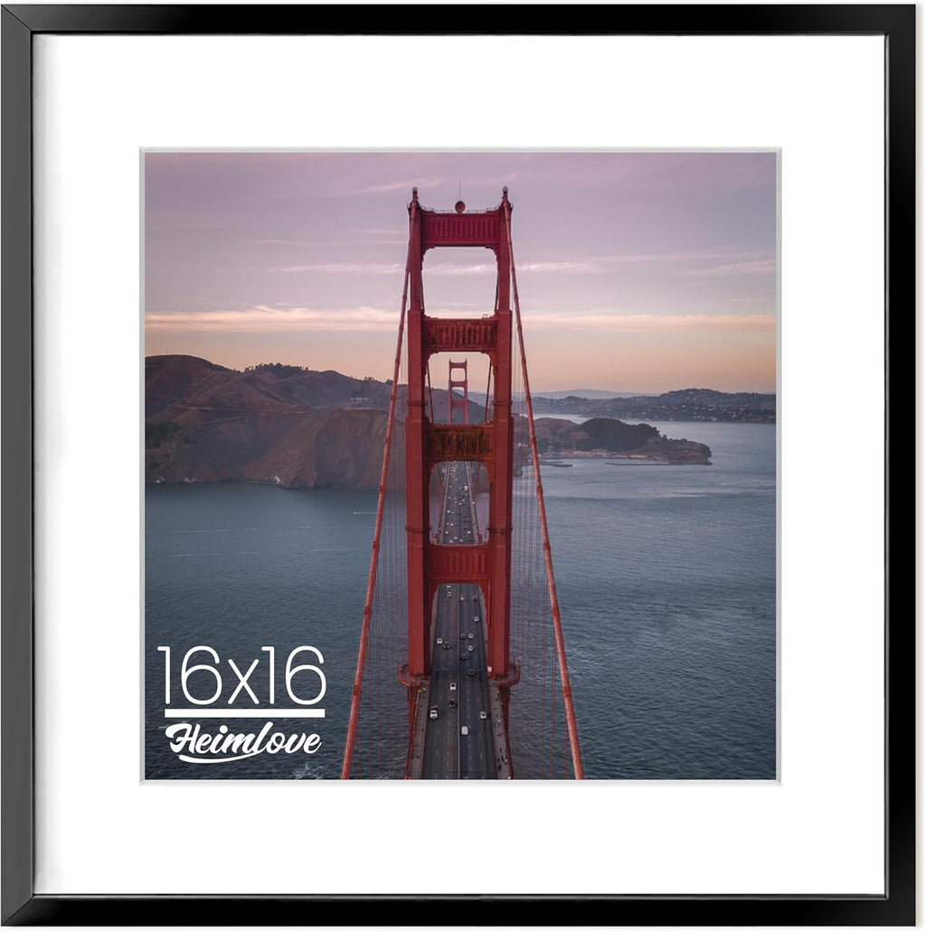 Heimlove 16x16 inch Black Square Picture Frame, 16x16 Aluminum Photo Frame, Standard Square Versatile Wall Display Frames Photo Frames For 12x12 with Mat, Wall Hook Included - (Set of 1 - Black)