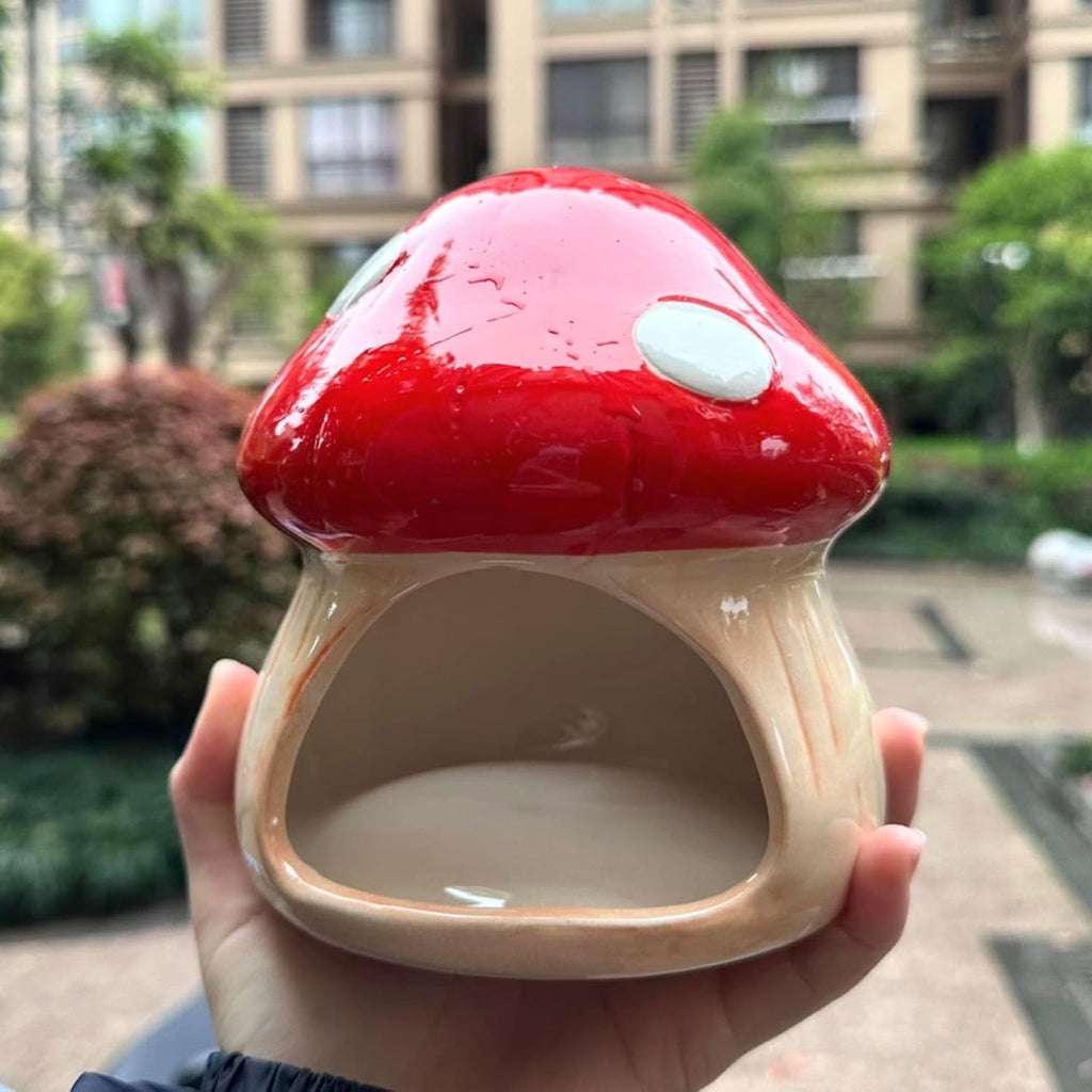 Mushroom Fish Tank Decor, Ceramics Aquarium Shrimp Cave, Betta Hideout Decoration, Cottage Ornament Goldfishes Pleco Cave for Fish Tank Landscape Hideaway Spawning Decor - Red
