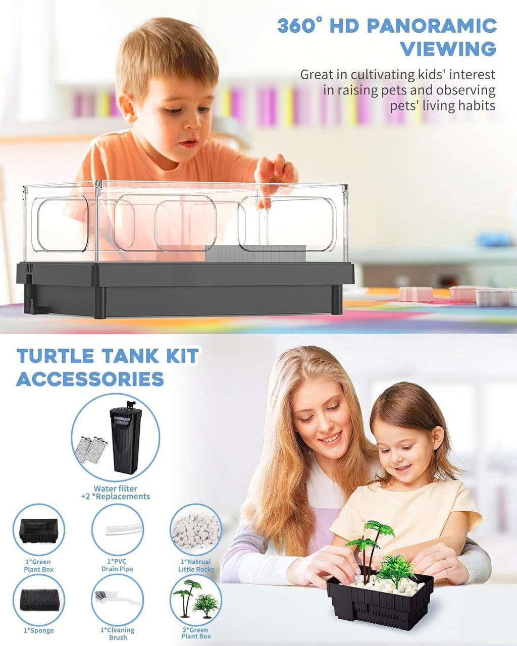 Small Turtle Tank, Aquarium, Acrylic Terrarium with Basking Platform, Bottom Drainage, Multi-Function Areas for Turtles, Crabs, Crayfish, Reptiles.(Black)