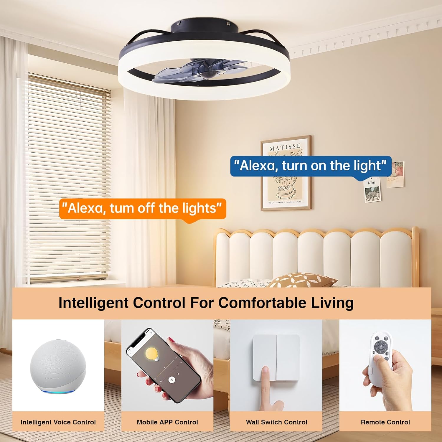 LED Ceiling Fan, 20" Low Profile Ceiling Fan with Lights and Remote, 6 Speeds, Dimmable 3000K–6500K LED, App & Remote Control, for Bedroom/Kitchen/Living Room, Black