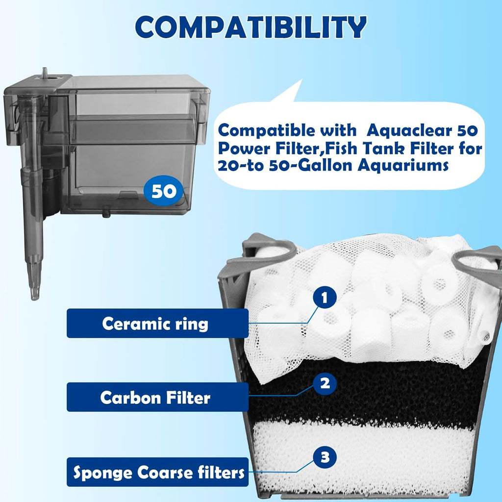 Aquarium Filter Media Replacement for AquaClear 50 Power Filter, Three-Stage Filtration Tank Filter Maintenance Kit, Fish Tank Filter for 20- to 50-Gallon Aquariums