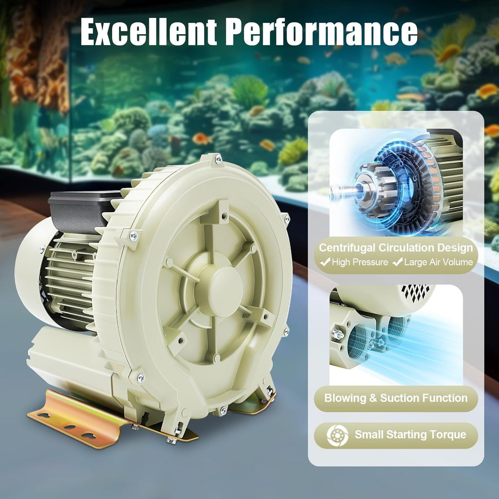 370W Industrial Vortex Air Blower, 110V Commercial High Pressure Aquaculture Air Pump, 60m³/h Output Electric Oxygen Pump for Fish Pond Aquarium Water Tank(US Standard)