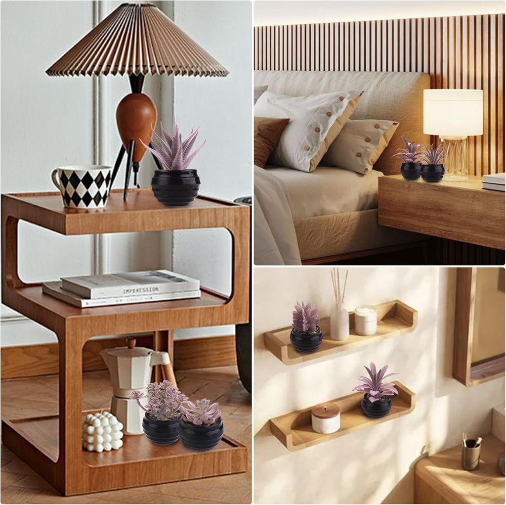 GREENTIME 6 Pcs Purple Artificial Succulent Plants in Mini Black Plastic Pots Small Fake Succulent Plant Faux Indoor Decor Bedroom Desk Bathroom Office Living Room Table Shelf Home Decoration