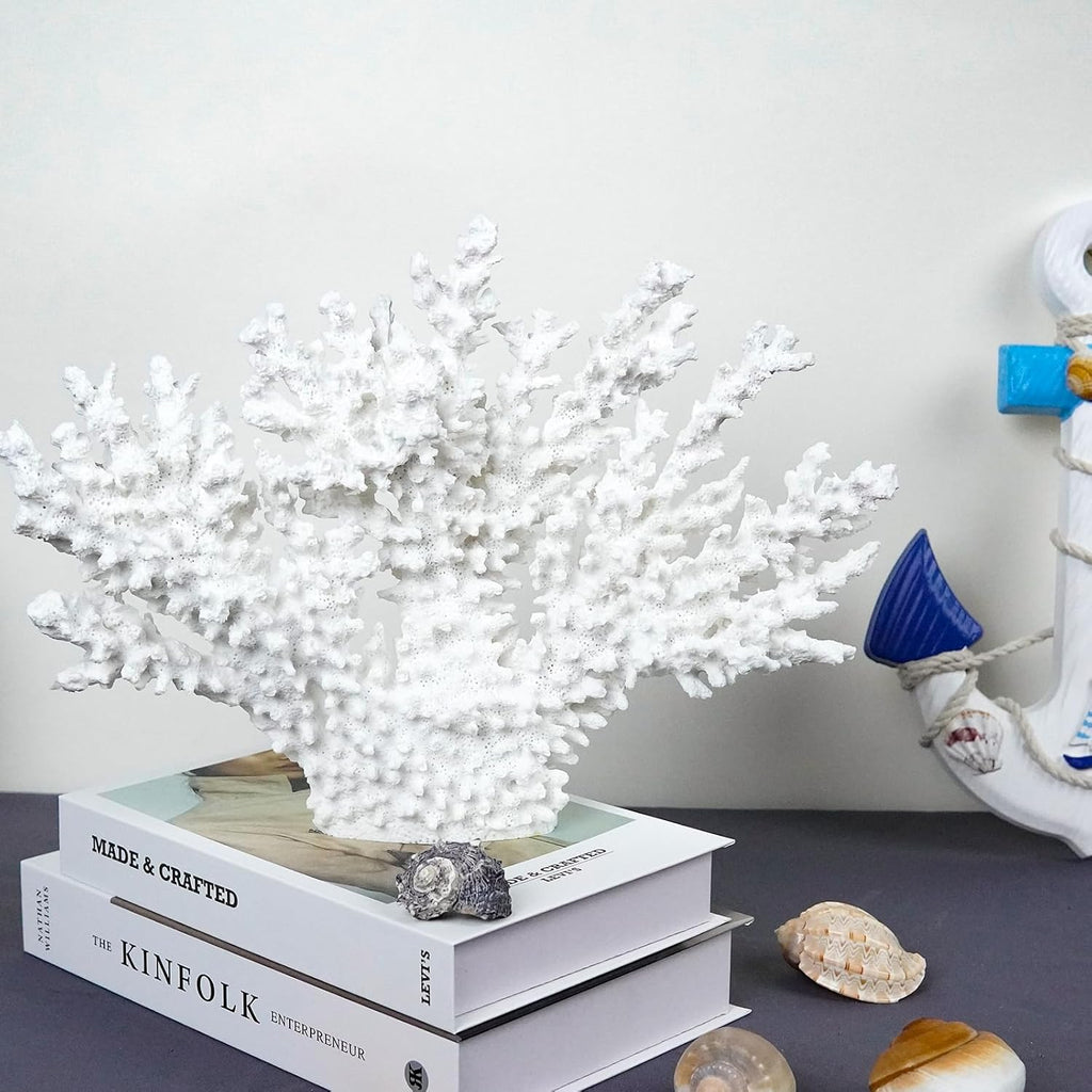 Coral Coastal Decor,13.5'' Width x 10'' High Artificial Resin Coral Reef Statue for Ocean Coastal Beach Nautical Themed Room Bathroom Decor for Home,1008W,White