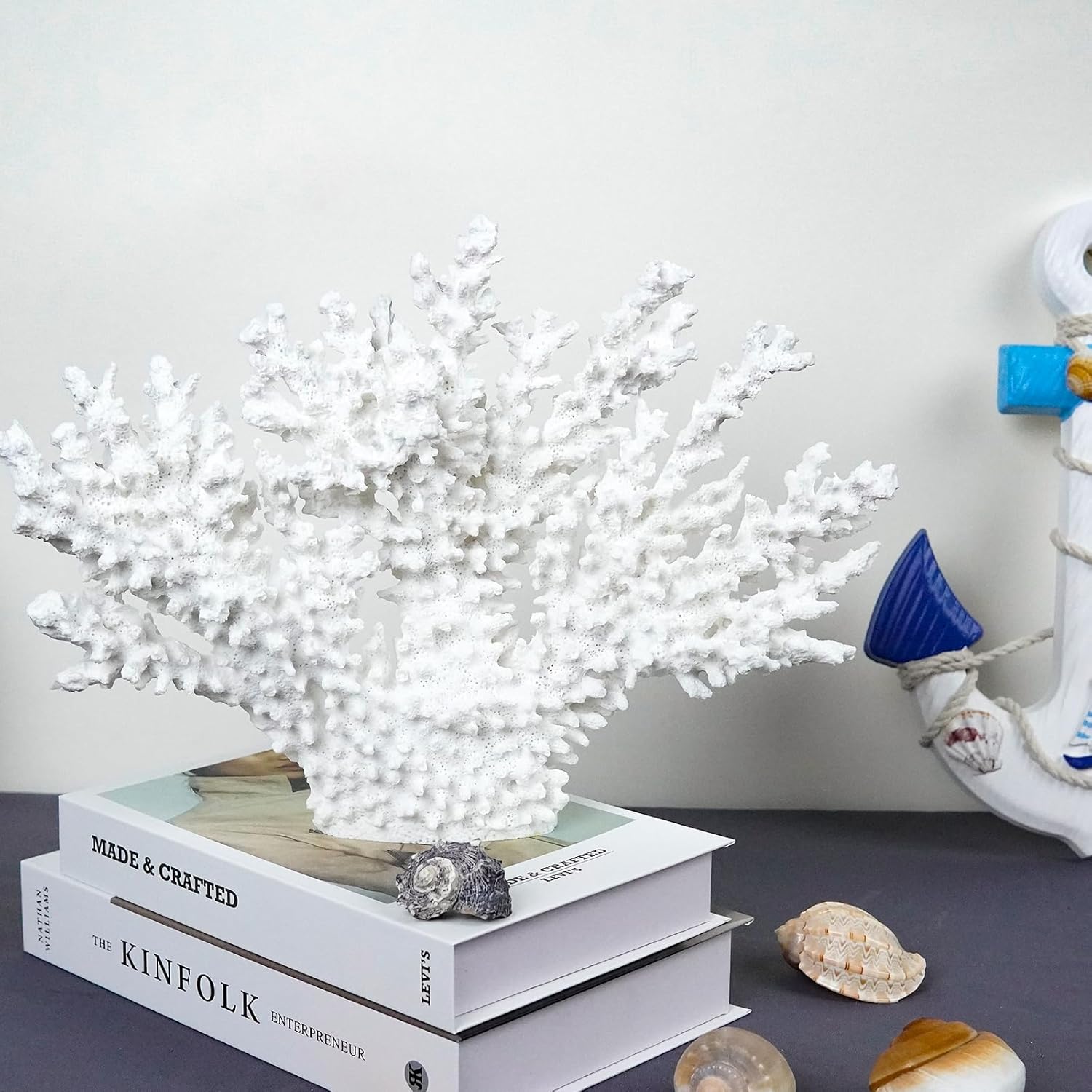 Coral Coastal Decor,13.5'' Width x 10'' High Artificial Resin Coral Reef Statue for Ocean Coastal Beach Nautical Themed Room Bathroom Decor for Home,1008W,White