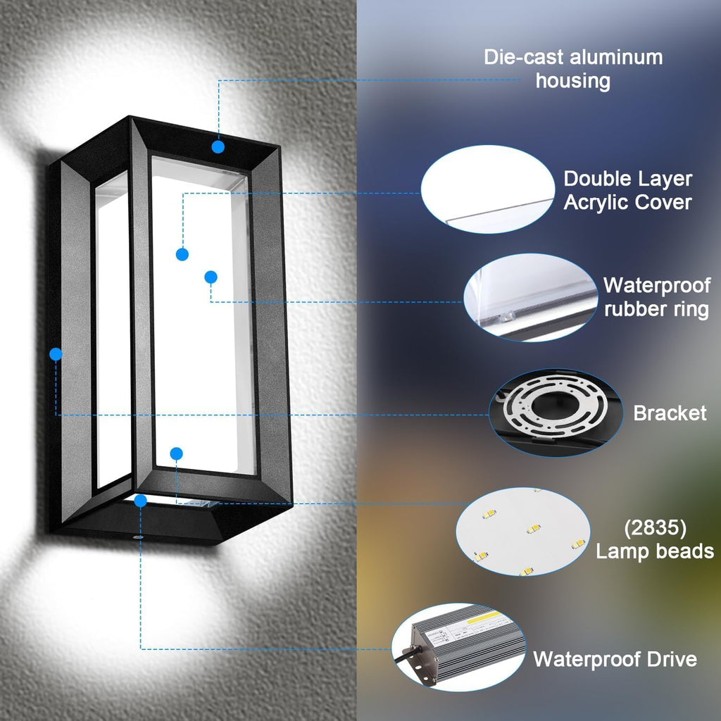 ledmo Modern Outdoor Wall Light with Aluminum Frame, 1800LM Wall Sconce with Acrylic Shade, 18W Porch Light Fixture, IP65 Waterproof Exterior Light for Garage Patio Garden Entryway, 2 Pack