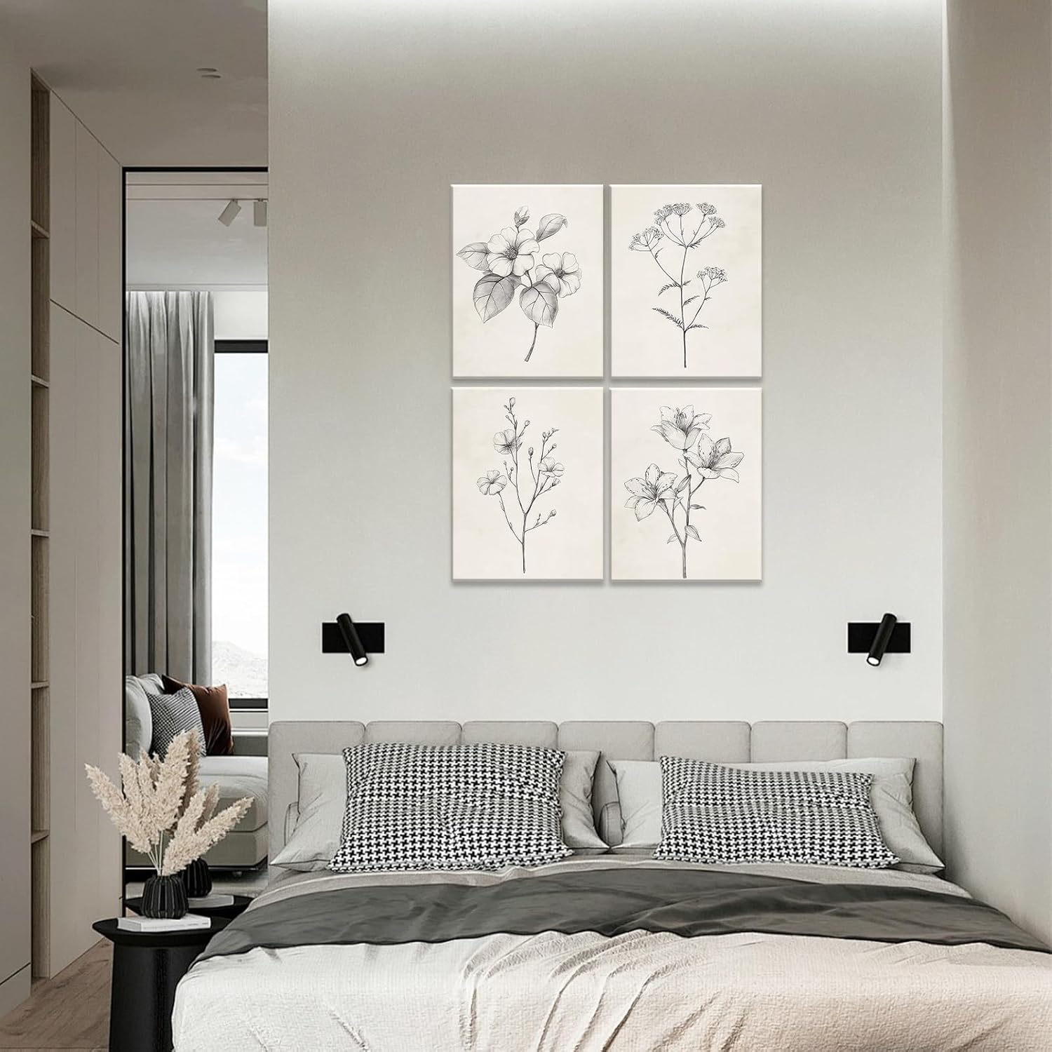 4pcs Framed Black and White Vintage Floral Sketch Wall Art Decor Canvas Print Wall Painting Picture Poster Minimalist Gallery Bedroom Living Room Office Decor Decoration 12x16 Inch Ready to Hang