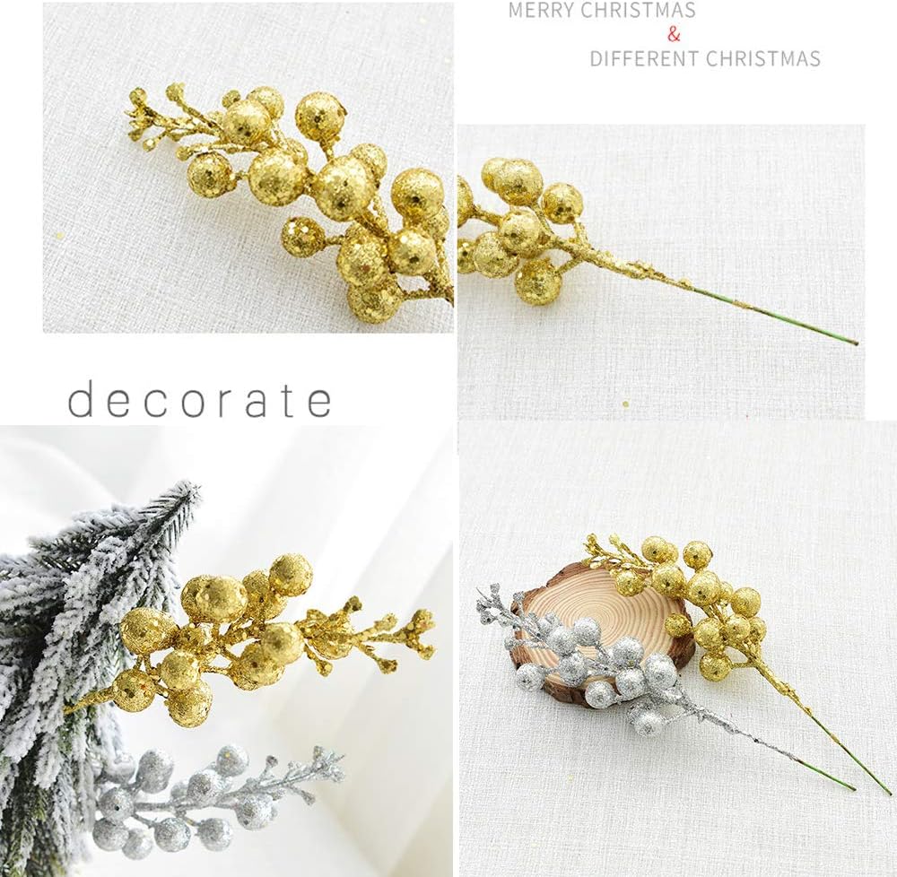 14 Pack Christmas Glitter Berries Stems, 7.8Inch Artificial Christmas Picks for Christmas Tree Ornaments, DIY Xmas Wreath, Crafts, Holiday and Home Decor, Gold