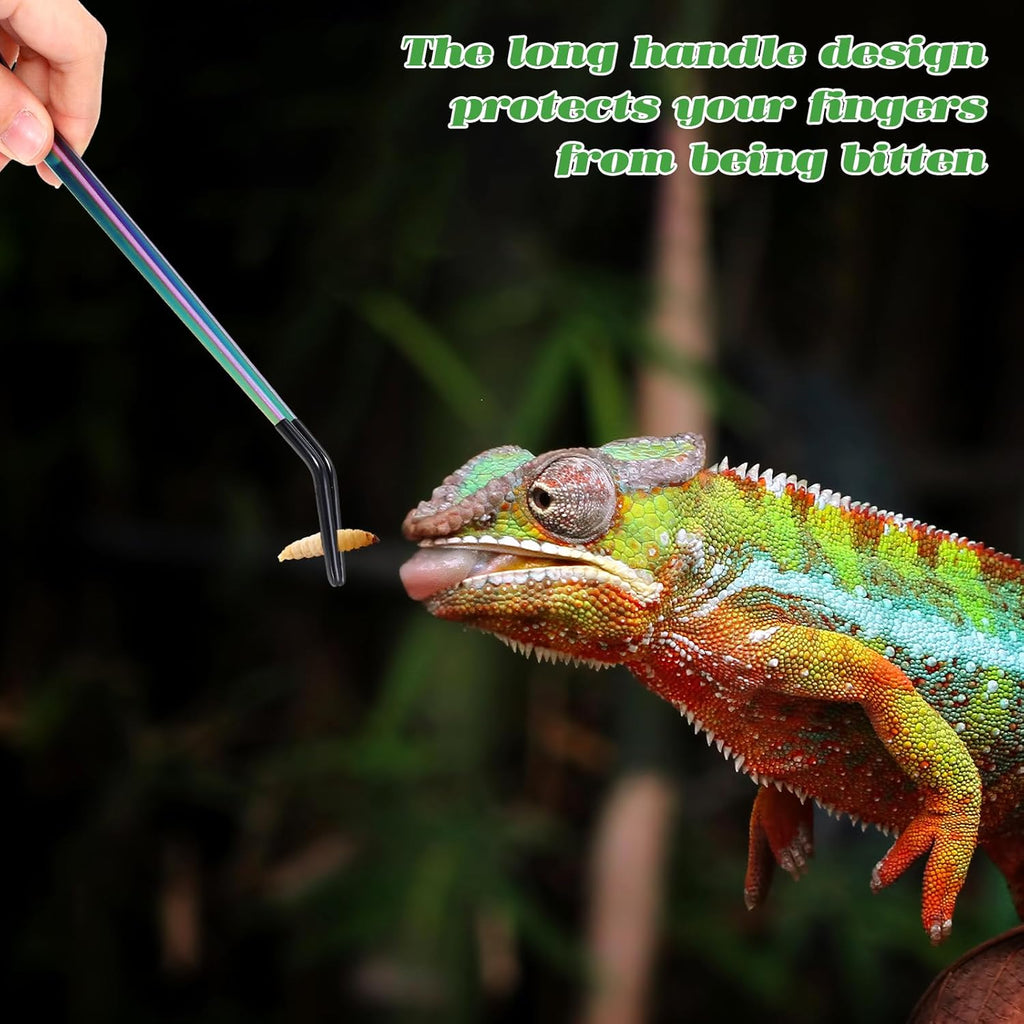 2 Pcs Stainless Steel Reptile Feeding Tongs with Rubber Tip, Straight Curved Tweezers, Aquarium Tweezers, Feeder Tools for Bearded Dragon, Lizards, Terrarium Supplies (10.6 Inch, Color)