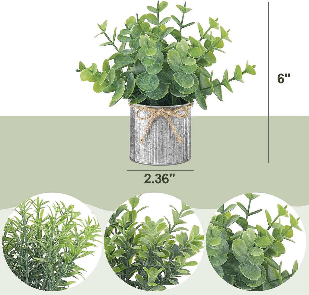 Mkono Mini Fake Plants in Farmhouse Galvanized Metal Pots 3 Pack Small Potted Artificial Plant Eucalyptus for Laundry Room Bathroom Shelf Table Decor