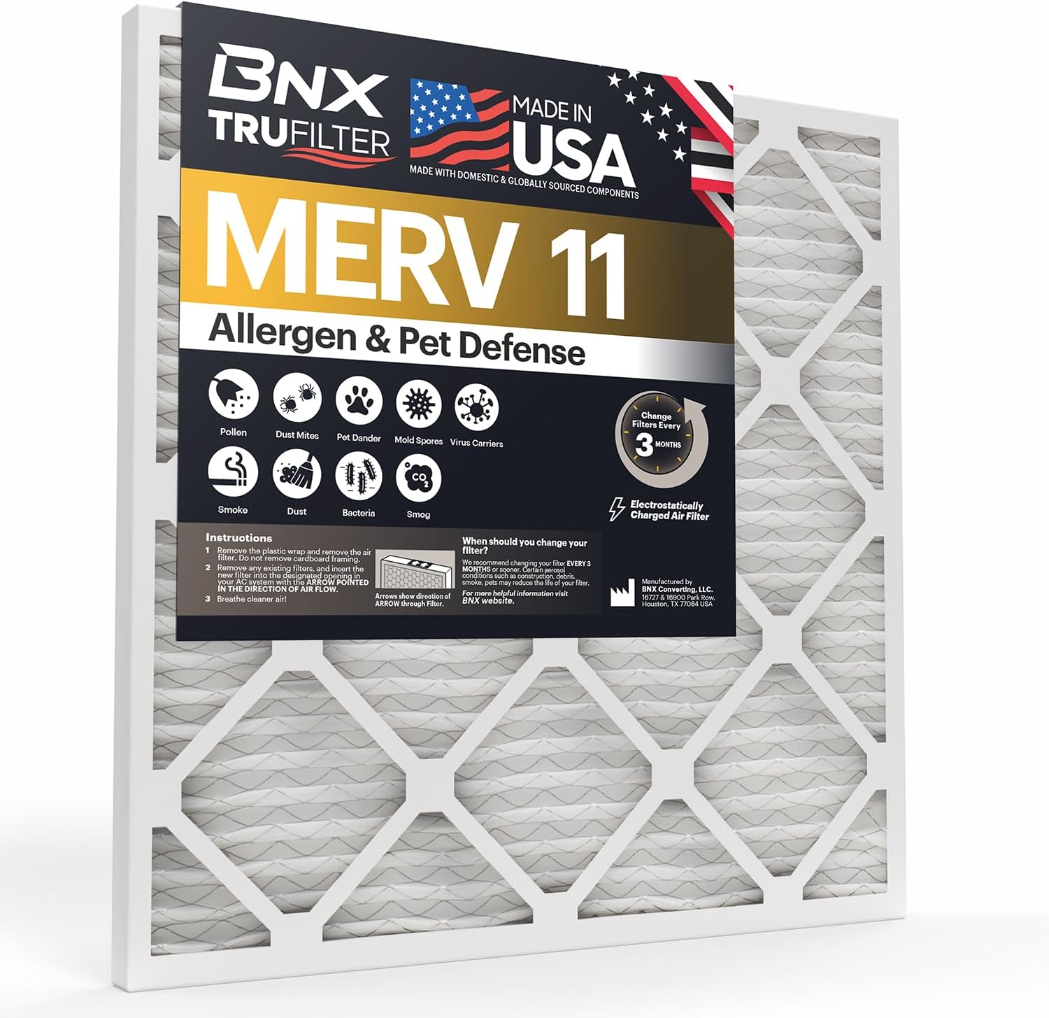 BNX TruFilter 20x20x5 (19.88’’ x 19.88’’ x 4.38‘’ Honeywell Compatible 4”) MERV 11 Air Filter (2-Pack) - MADE IN USA - HVAC AC Furnace Filters Health, Allergies, Mold, Bacteria, Smoke, MPR 1200 FPR 7