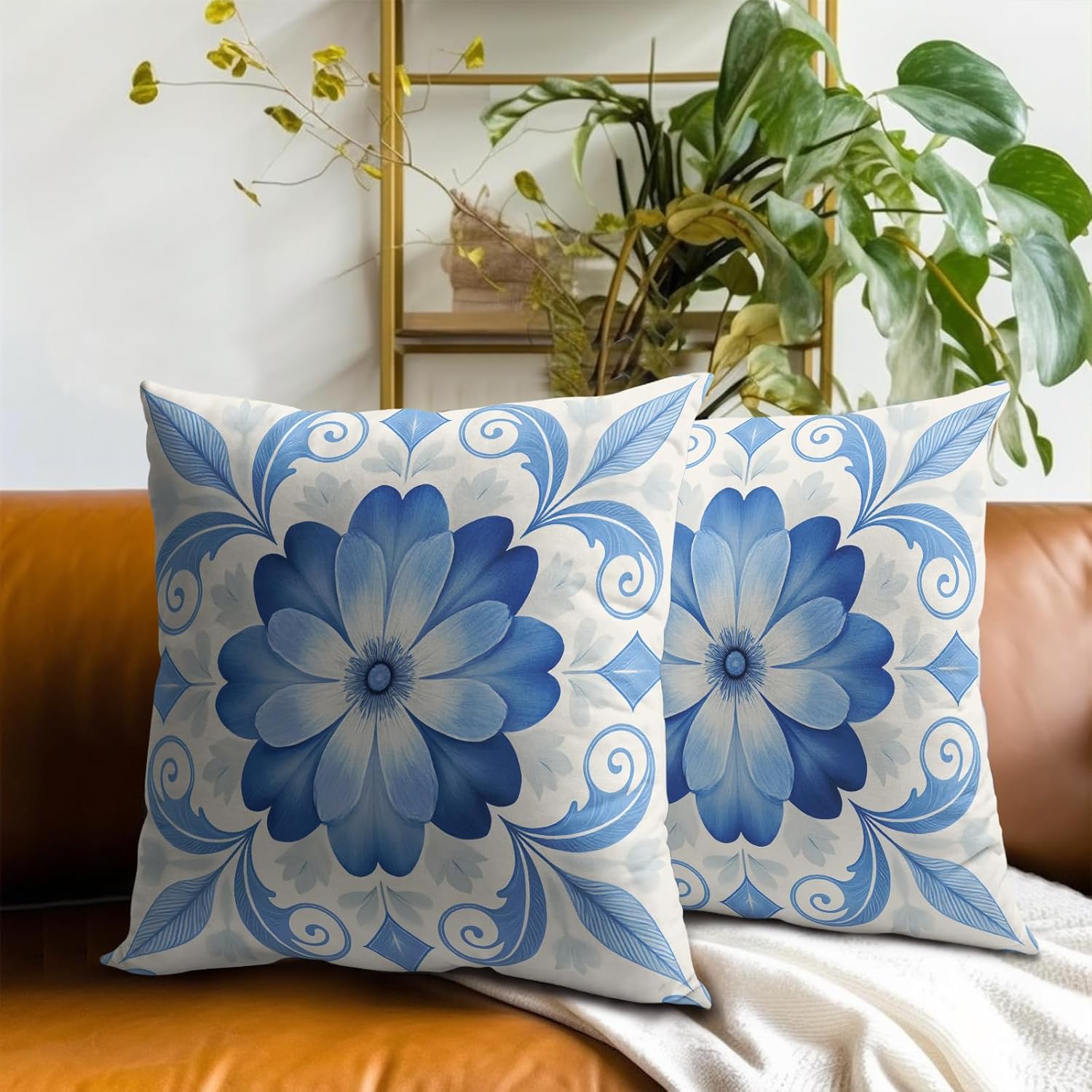 Blue White Moroccan Tile Throw Pillow Covers Set of 2 Ultra-Soft All-Season Pillow Shams with Hidden Zipper,Durable for Sofa Bed Car Decor & Gift Luxury 18x18IN
