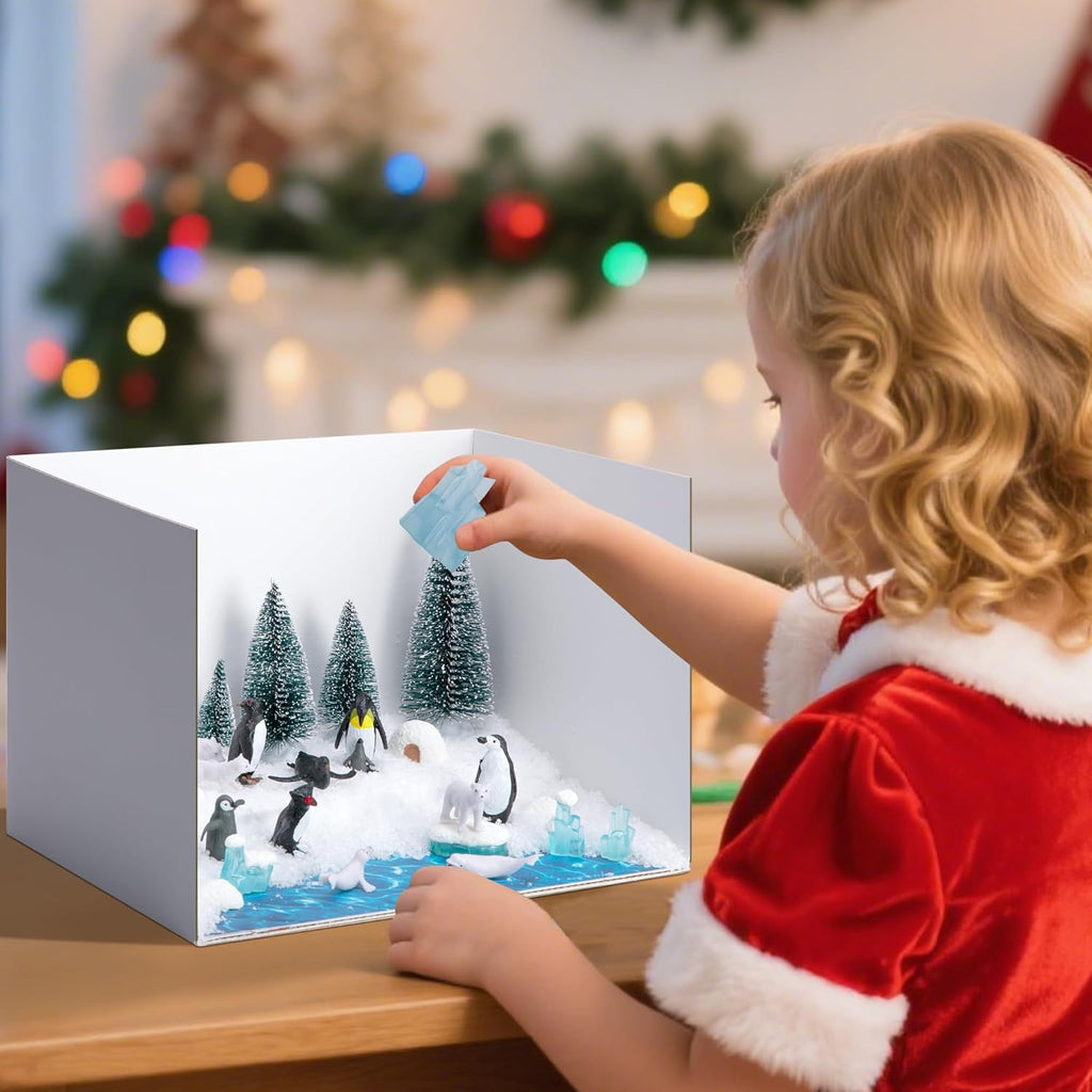 codree 30 Pcs Arctic Animals Habitat Diorama Project Set, Arctic Diorama Box Kit Figurine Toys Model, Polar Bear Penguin Animals Figurines Diorama Supplies for DIY Crafts Gifts School Project