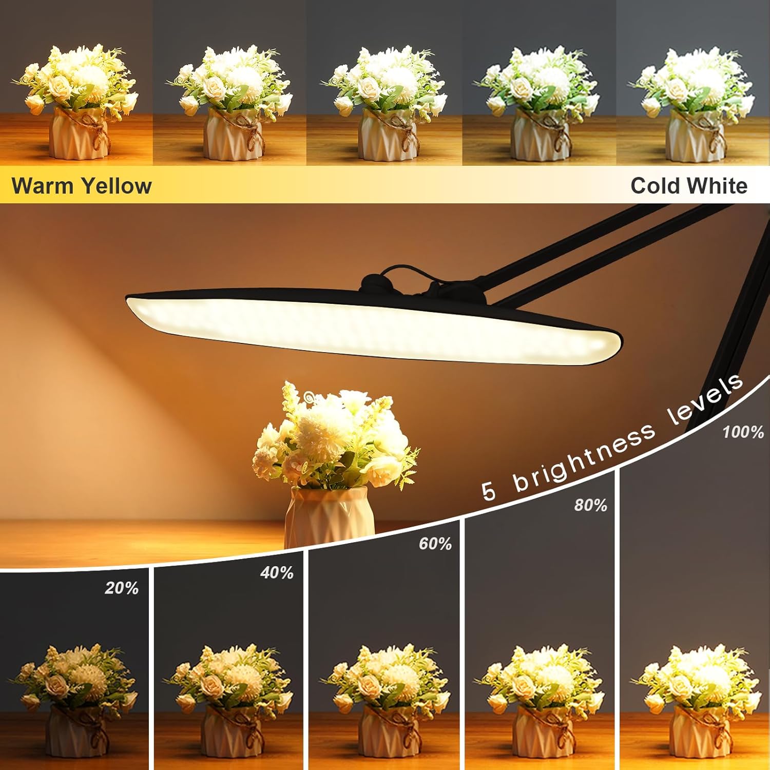 24W LED Desk Lamp with Clamp, 5 Dimming Modes, 5 Color temperatures up to 6000K, 2200 Lumens High Brightness Working Lamp with 182 Pcs LED(Black, CCT)