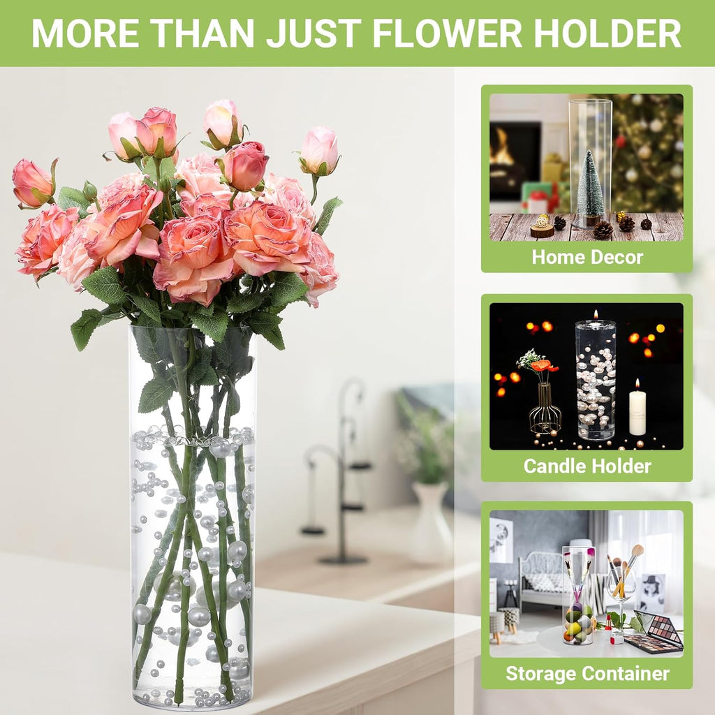 SUREAM 13.7 Inch Tall Acrylic Cylinder Vases(4.7” Wide), Plastic Flower Vases for Table, Clear Plant Containers for Floating Candle, Wedding Centerpieces, Home Party Decoration