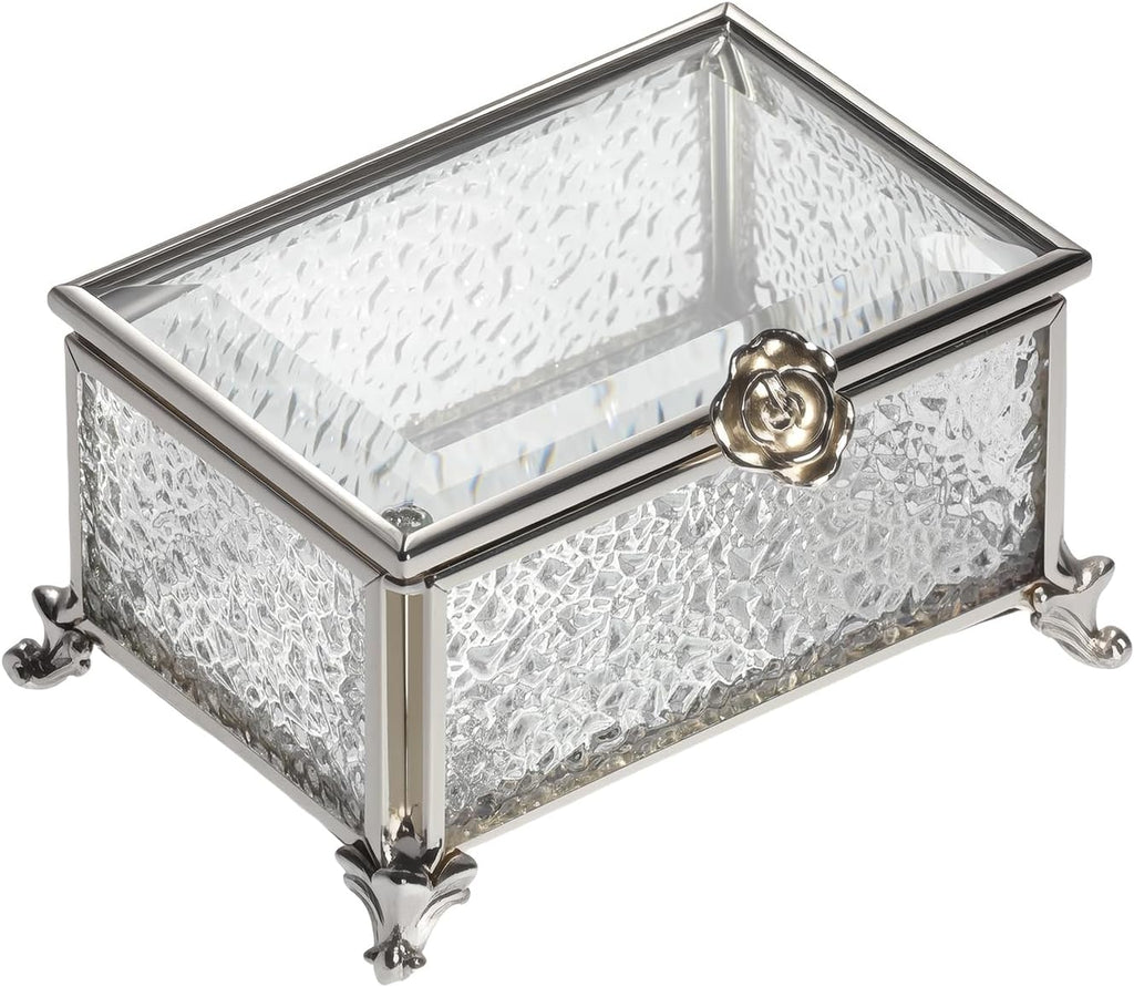 Glass Vintage Jewelry Box Keepsake storage Trinket Ring Display Box Home Decor Embossed Clear Glass Boxes Organizer(3.9x2.7x2.3Inches)