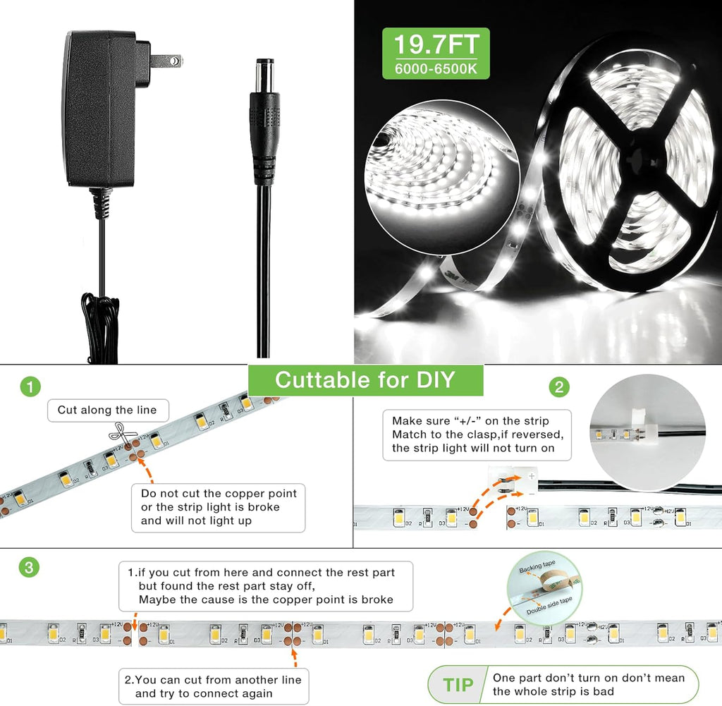 RAYZEEK Wireless Motion Activated LED Strip Lights,19.7FT LED Strip Lights with Power Adapter,RF Wireless Motion Sensor Control Dimmer,Timing,Cool White (1×Controller+2×Motion Sensor)
