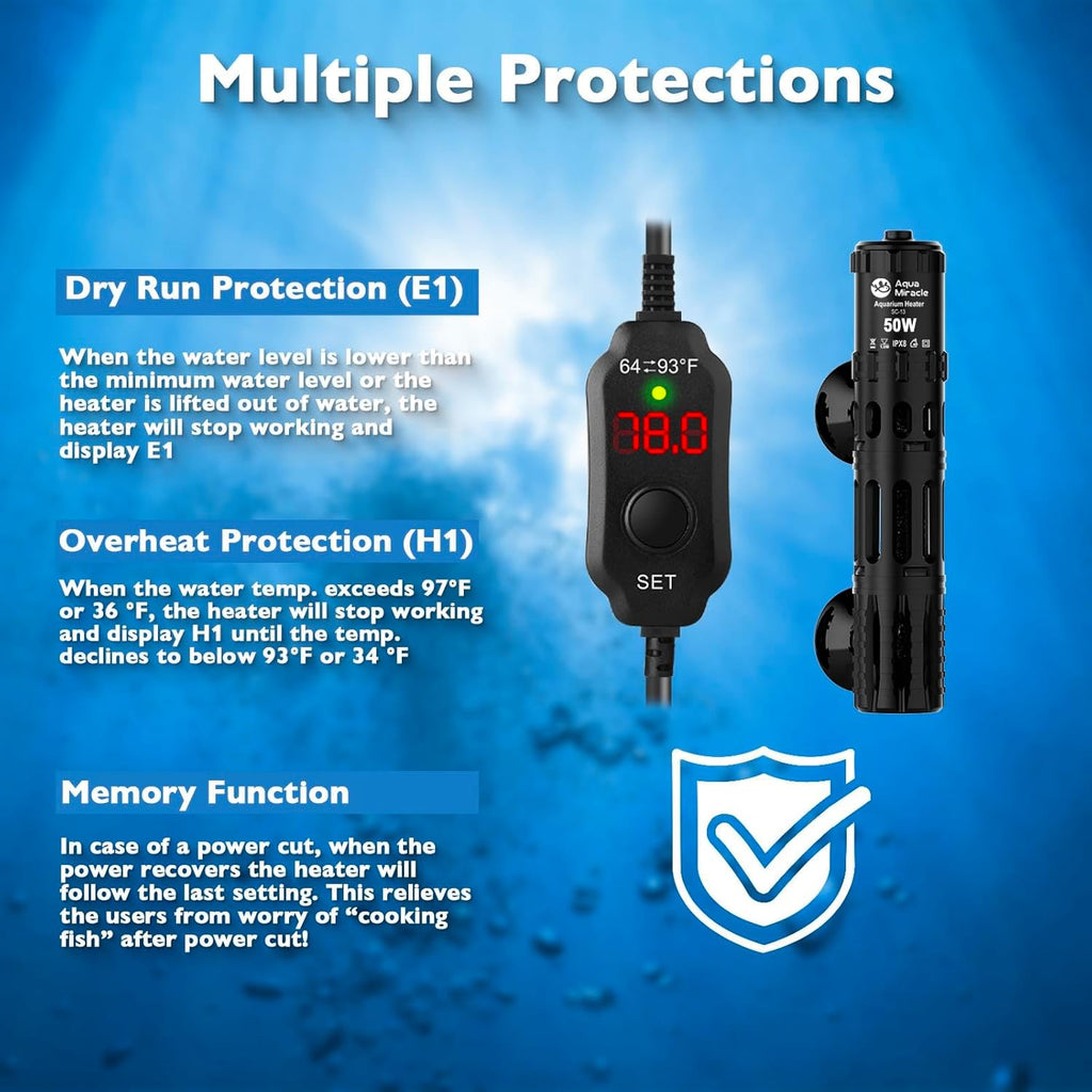 AquaMiracle Aquarium Heater with LED Digital Display Thermostat, Adjustable Fish Tank Heater with Protective Housing, Fish Heaters Turtle Tank Heaters for 5-10 Gallon Tanks(50W)