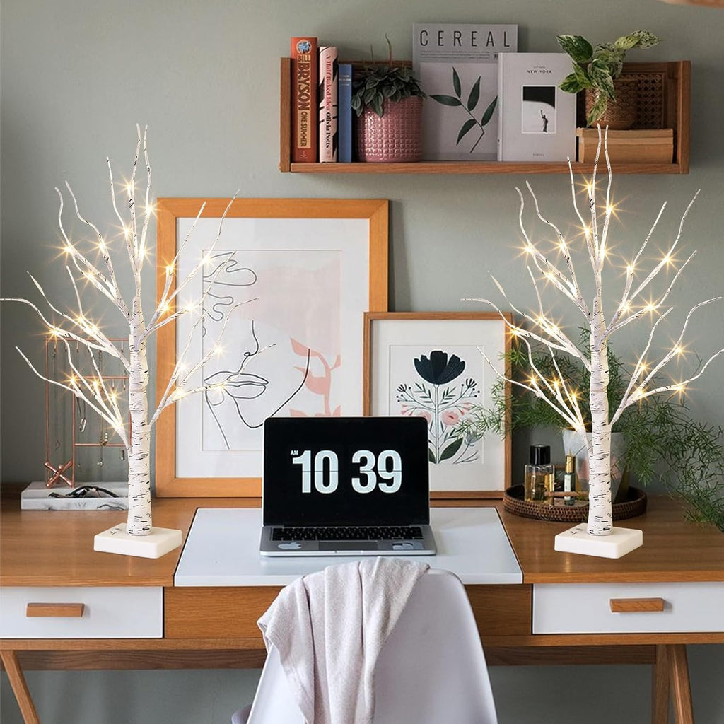 Vanthylit White Birch Tree with LED Lights - Set of 2, Tabletop Tree with Timer, Christmas Decorations Lighted Tree for Indoor Mantel Home Decor (2 FT, 24 LED)