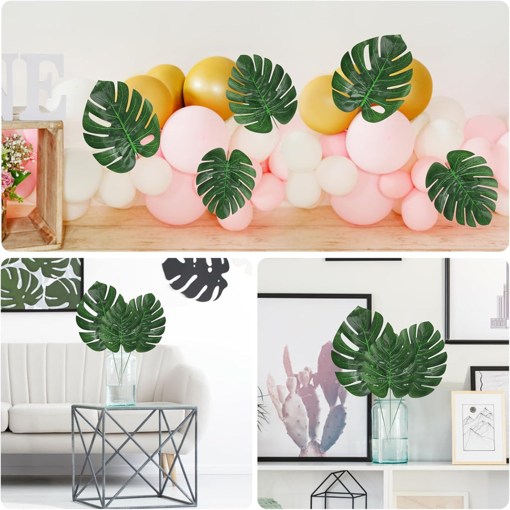 KIMOBER 24PCS Artificial Palm Leaves,Mixed Size Green Faux Tropical Monstera Leaves Realistic Artificial Plants Leaf for Home Hawaiian Luau Party Jungle Beach Decorations