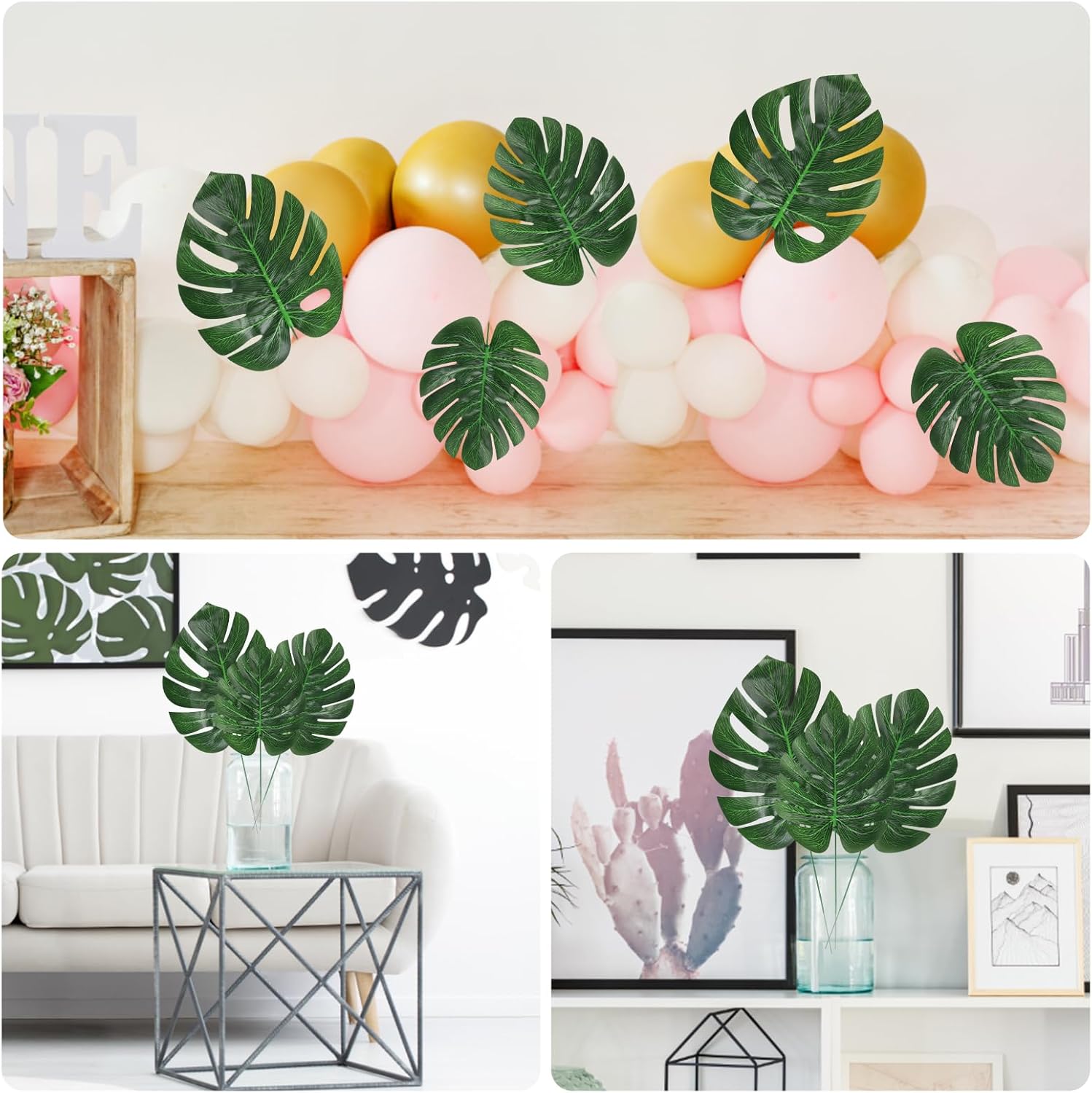 KIMOBER 24PCS Artificial Palm Leaves,Mixed Size Green Faux Tropical Monstera Leaves Realistic Artificial Plants Leaf for Home Hawaiian Luau Party Jungle Beach Decorations