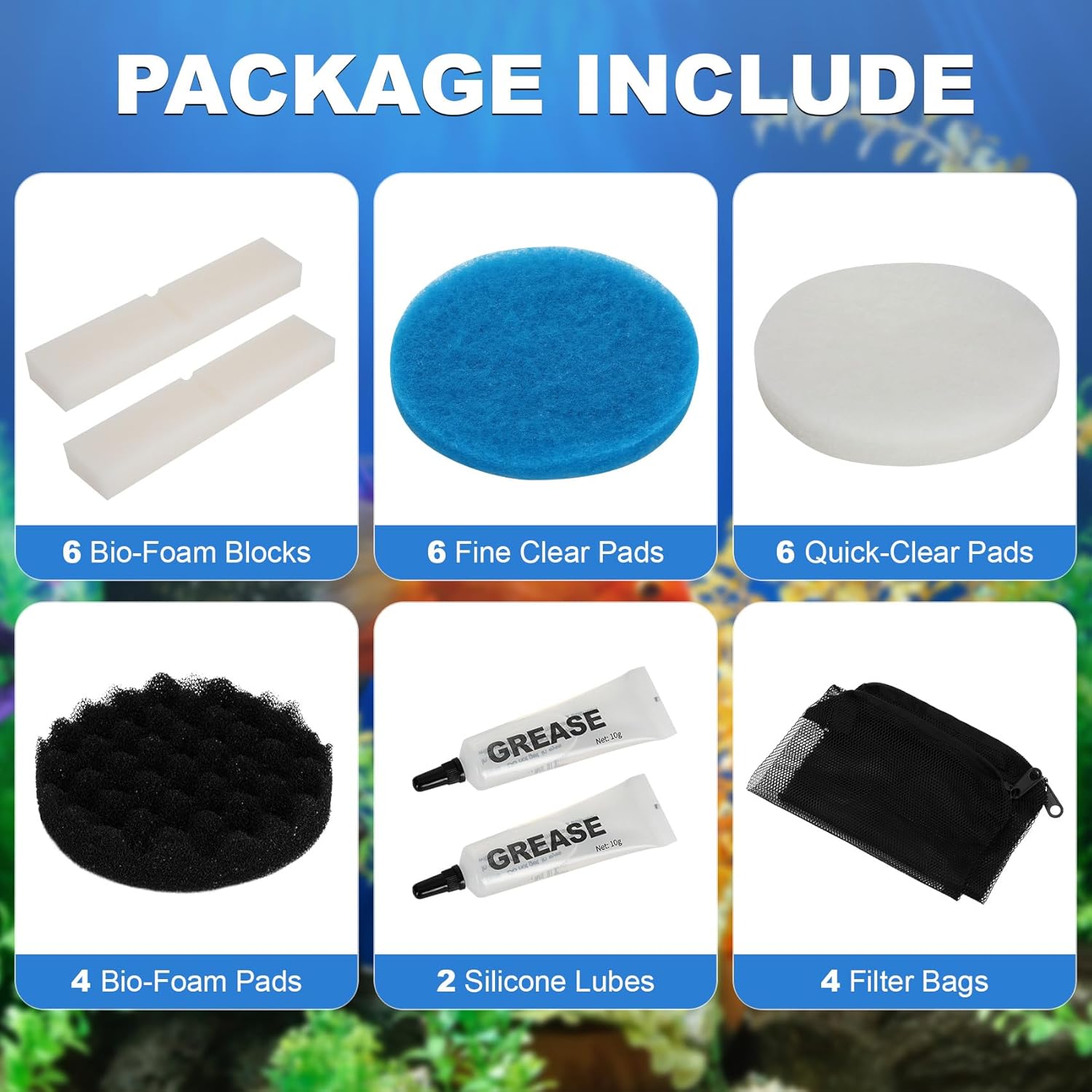 28-Piece Filter Media Replacement Kit，Compatible with Fluval FX2/FX4/FX5/FX6 Aquarium Filters – Including Mesh Bags, Polishing Pads, Silicone Lube,etc