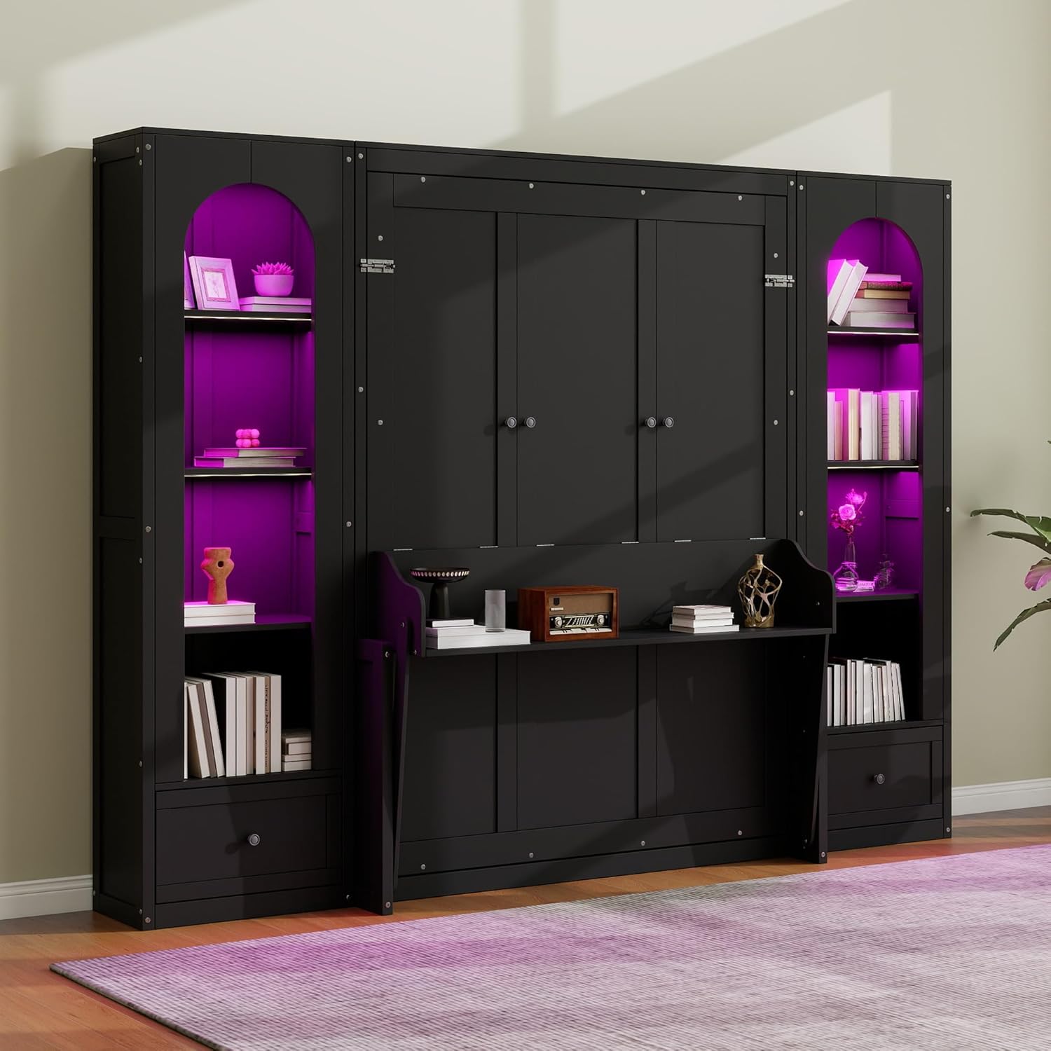 MERITLINE Queen Murphy Bed with Desk and Storage & LED Light, Solid Wood Hideaway Murphy Wall Bed with Storage Bookcase Shelves and Drawers for Adults (Black,Queen)