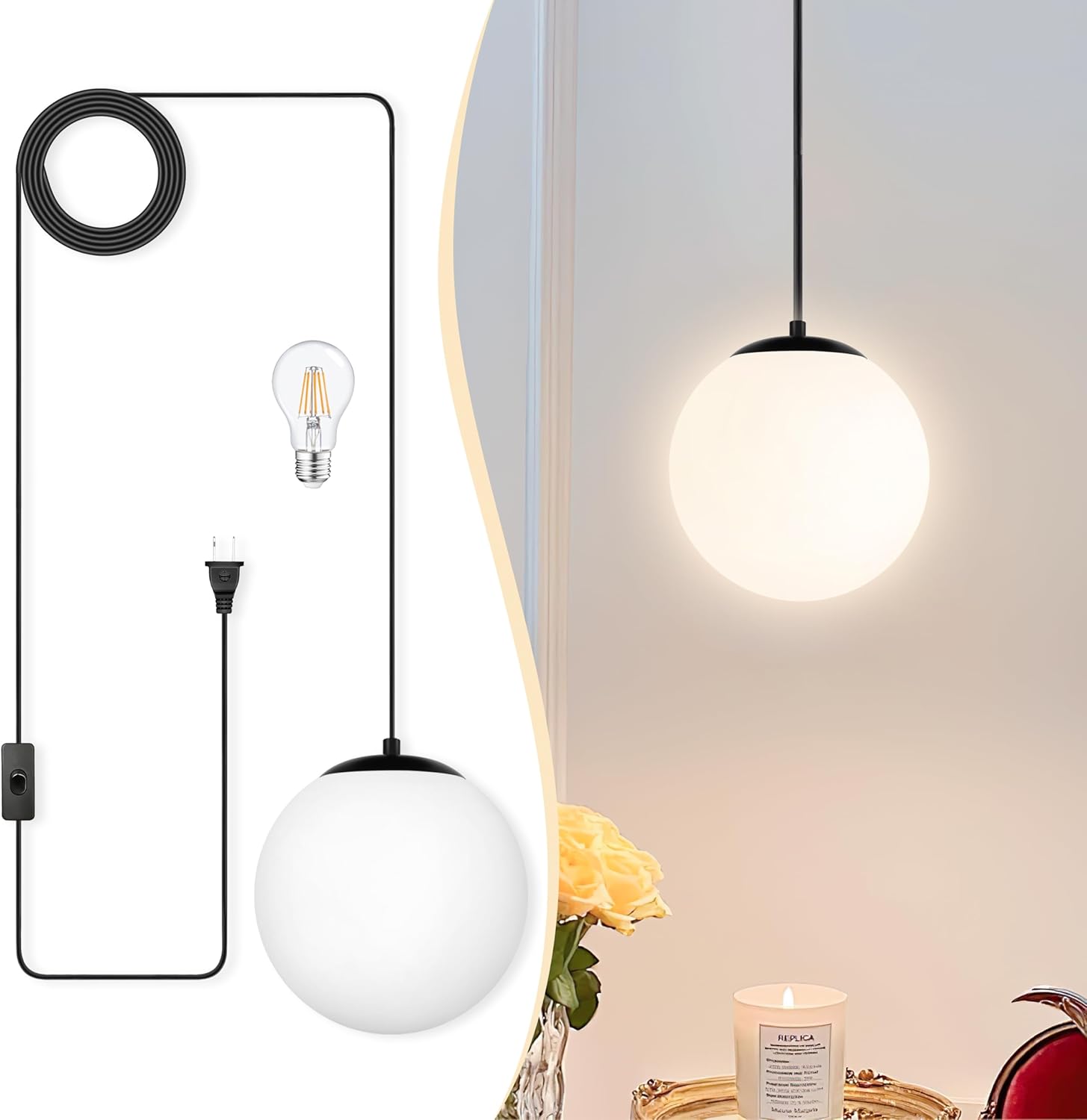 KoKo&Yukina 8" Globe Pendant Light Black Plug in Pendant Light Adjustable Hanging Lights with Plug in Cord Matte Black Finished with Milk Glass Lampshade for Bedroom Kitchen Island（Bulb Included）